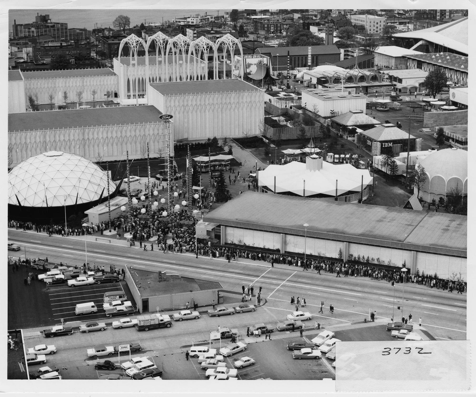 Image of Aerial view of crowds waiting to enter Seattle World's Fair taken from east, 1962