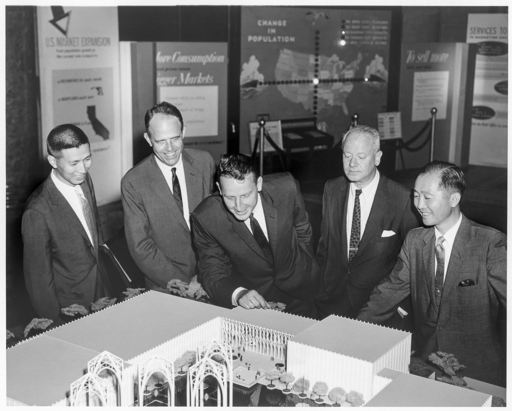 Image of Architects and others with model of U.S. Science Pavilion, Seattle World's Fair, circa 1961