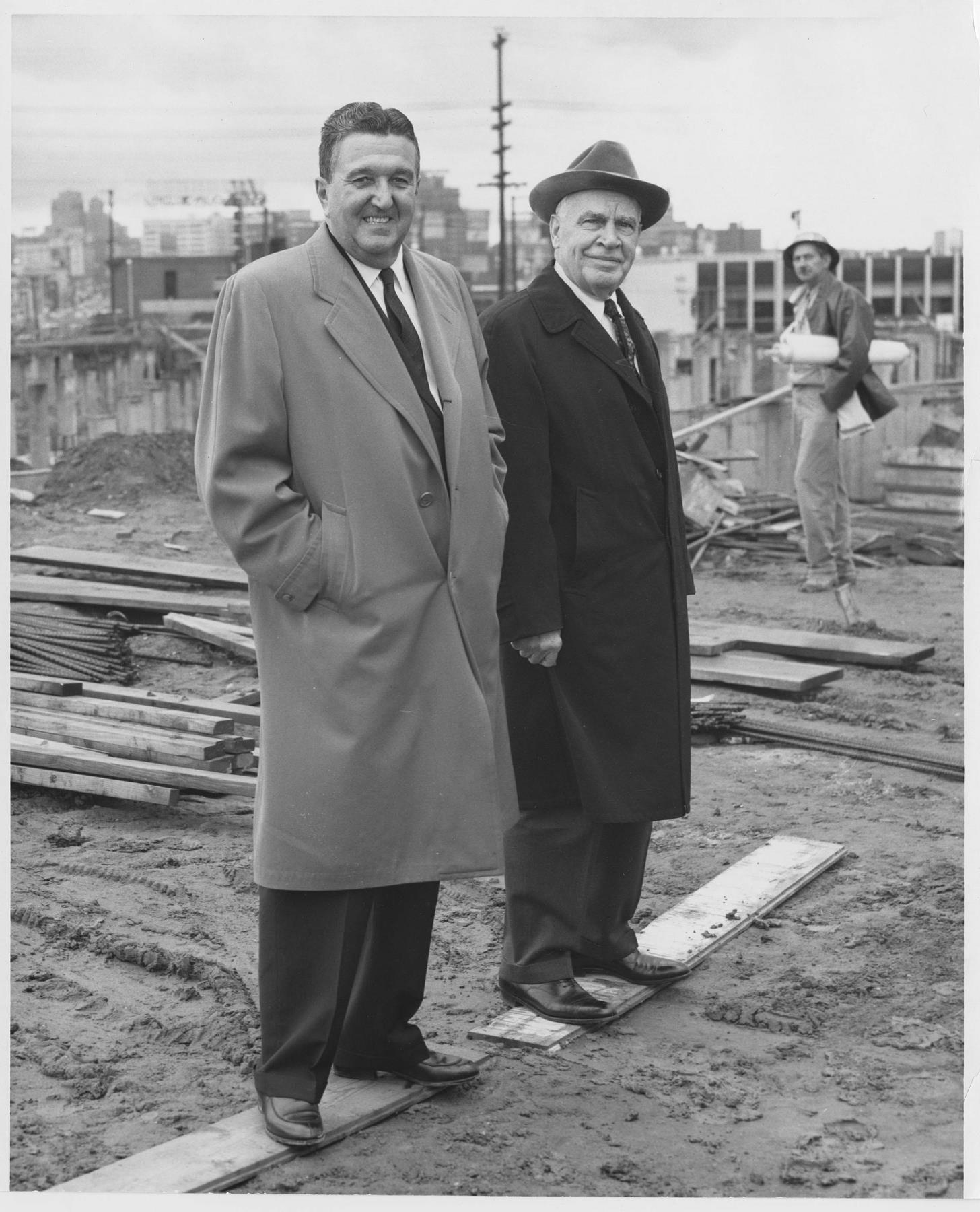 Image of Joseph Gandy and Secretary of Commerce Luther Hodges at construction site for Seattle World's Fair, circa 1960