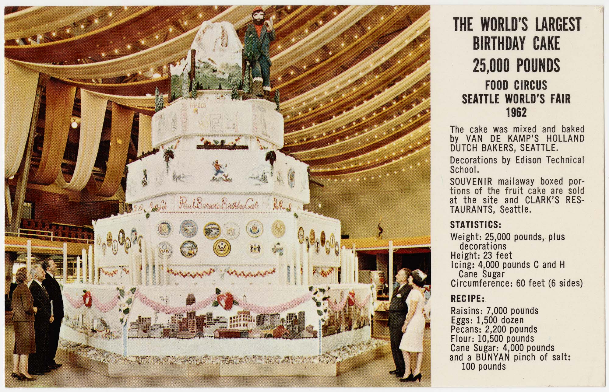 Image of Paul Bunyan's birthday cake display postcard, Seattle World's Fair, 1962