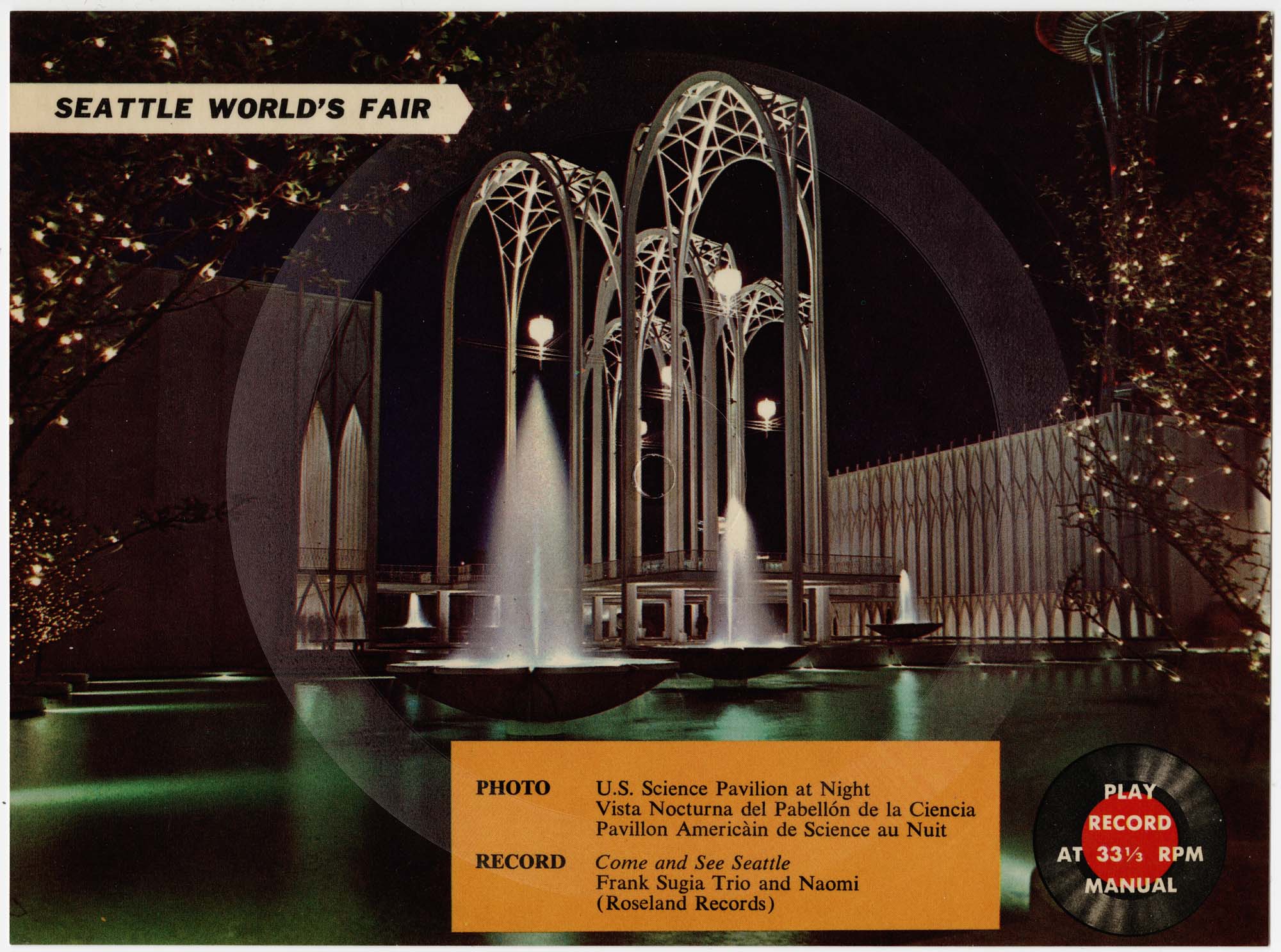 Image of Sound postcard showing U.S. Science Pavilion at night, Seattle World's Fair, 1962