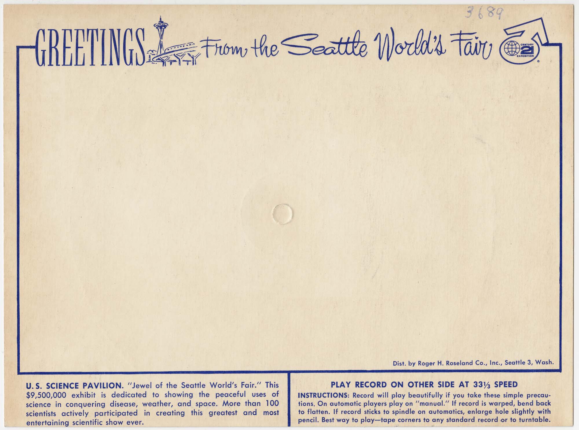 Image of Sound postcard showing U.S. Science Pavilion at night, Seattle World's Fair, 1962