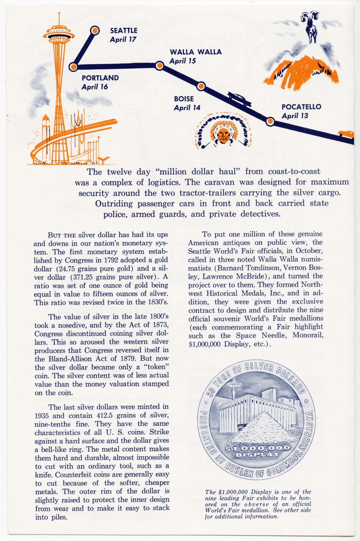 Image of $1,000,000 Silver Dollar Display at the Seattle World's Fair leaflet, 1962