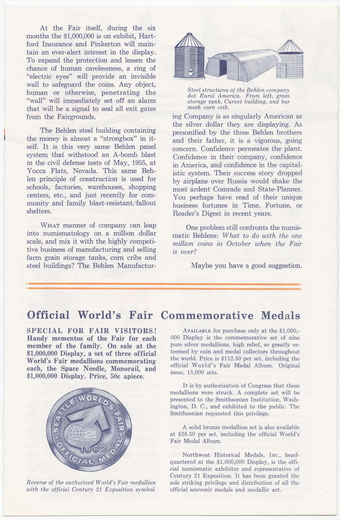 Image of $1,000,000 Silver Dollar Display at the Seattle World's Fair leaflet, 1962