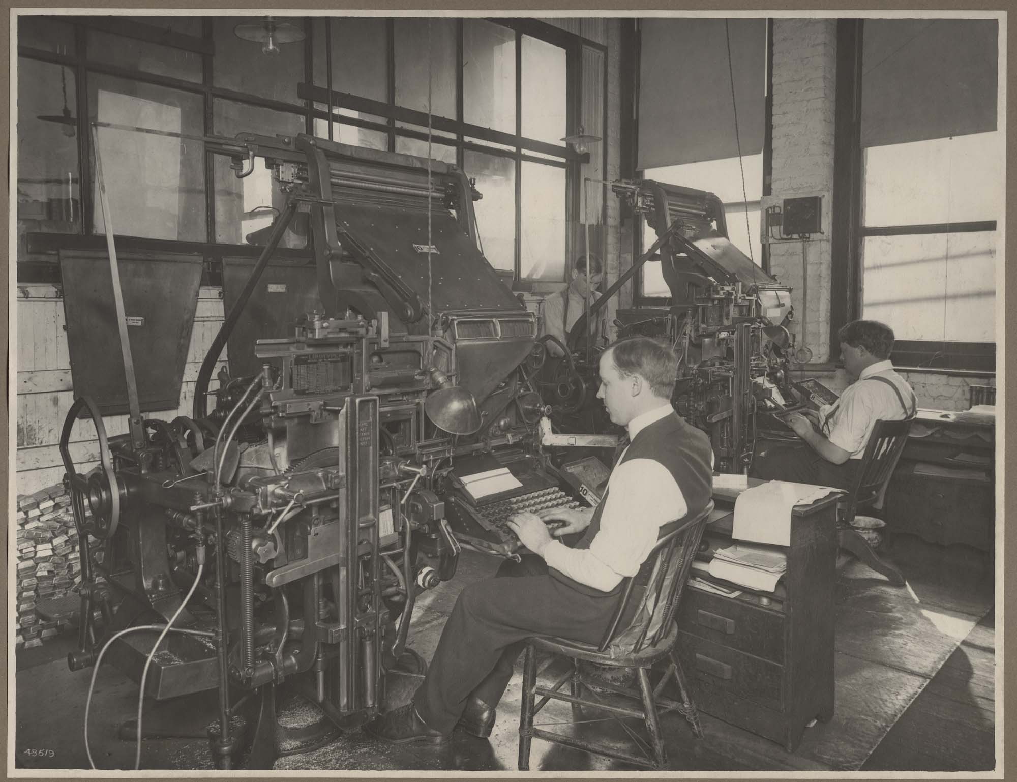 Image of Workers on linotype machines at Lowman & Hanford, Seattle, circa 1908