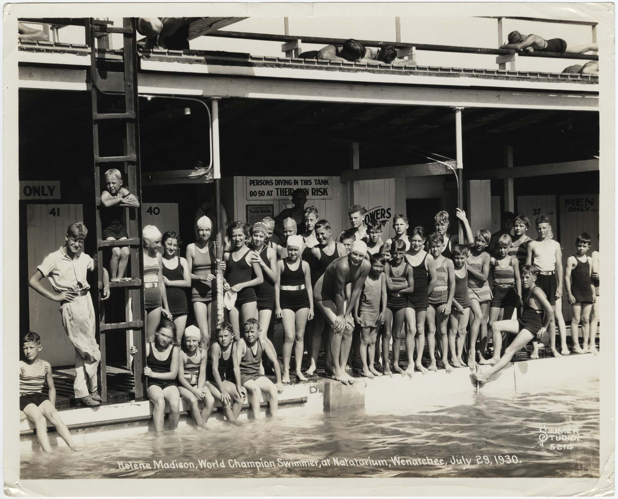 Image of Helene Madison and young swimmers at Natatorium in Wenatchee, Washington, June 29, 1930