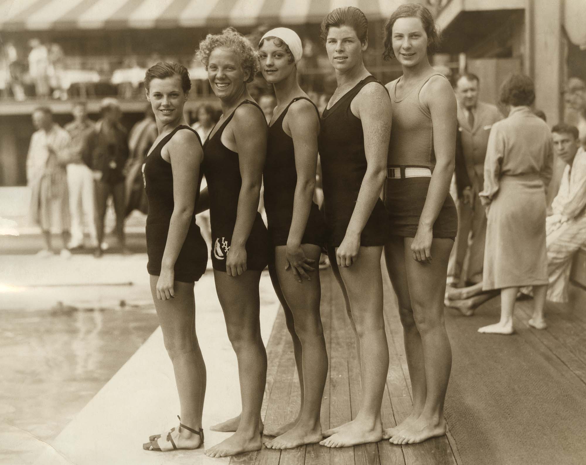 Image of Olympic swimmers Eleanor Holm, Georgia Coleman, Jane Fauntz, Agnes Geraghty, and Helene Madison, circa 1930