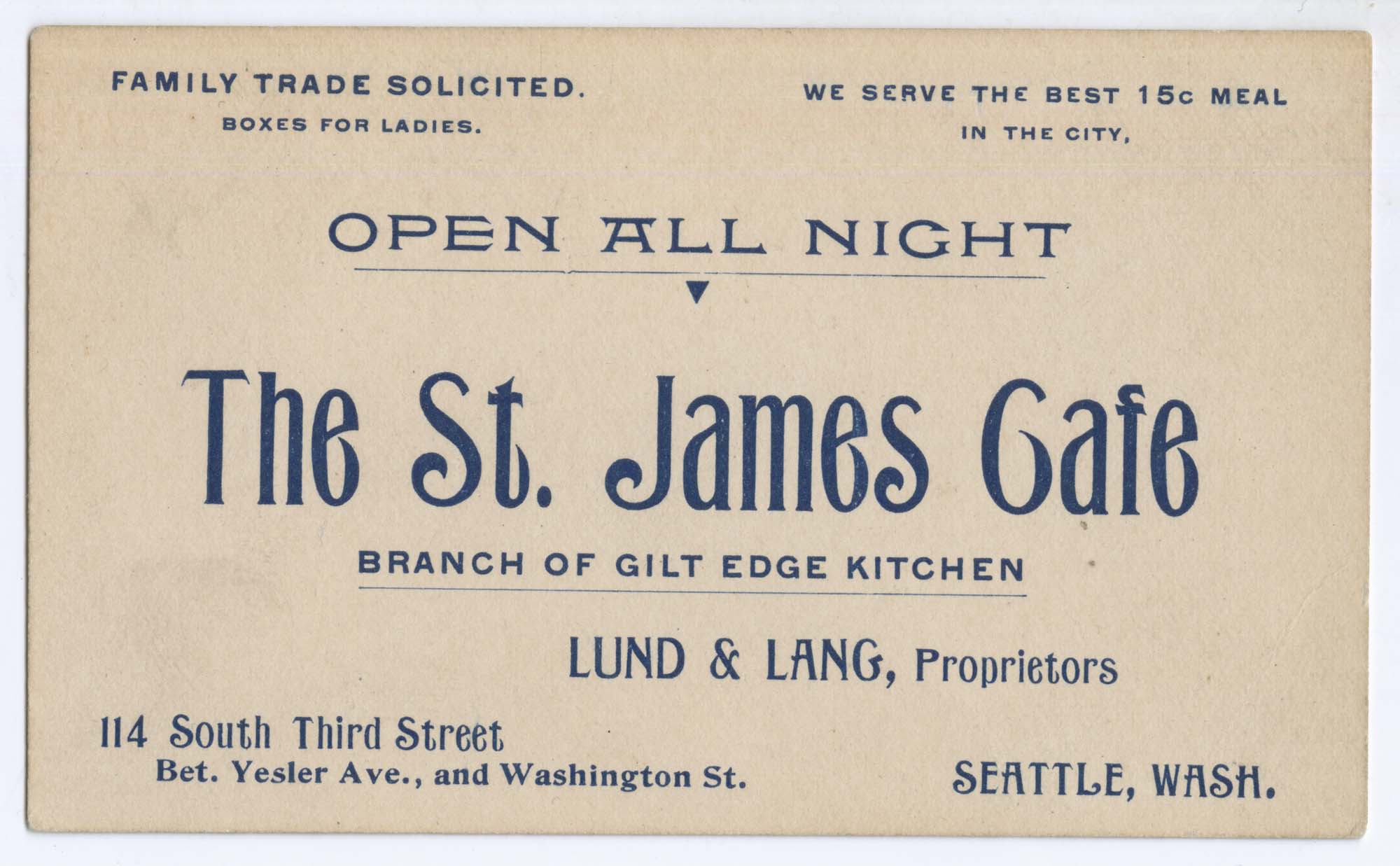 Image of St. James Cafe business card, circa 1900