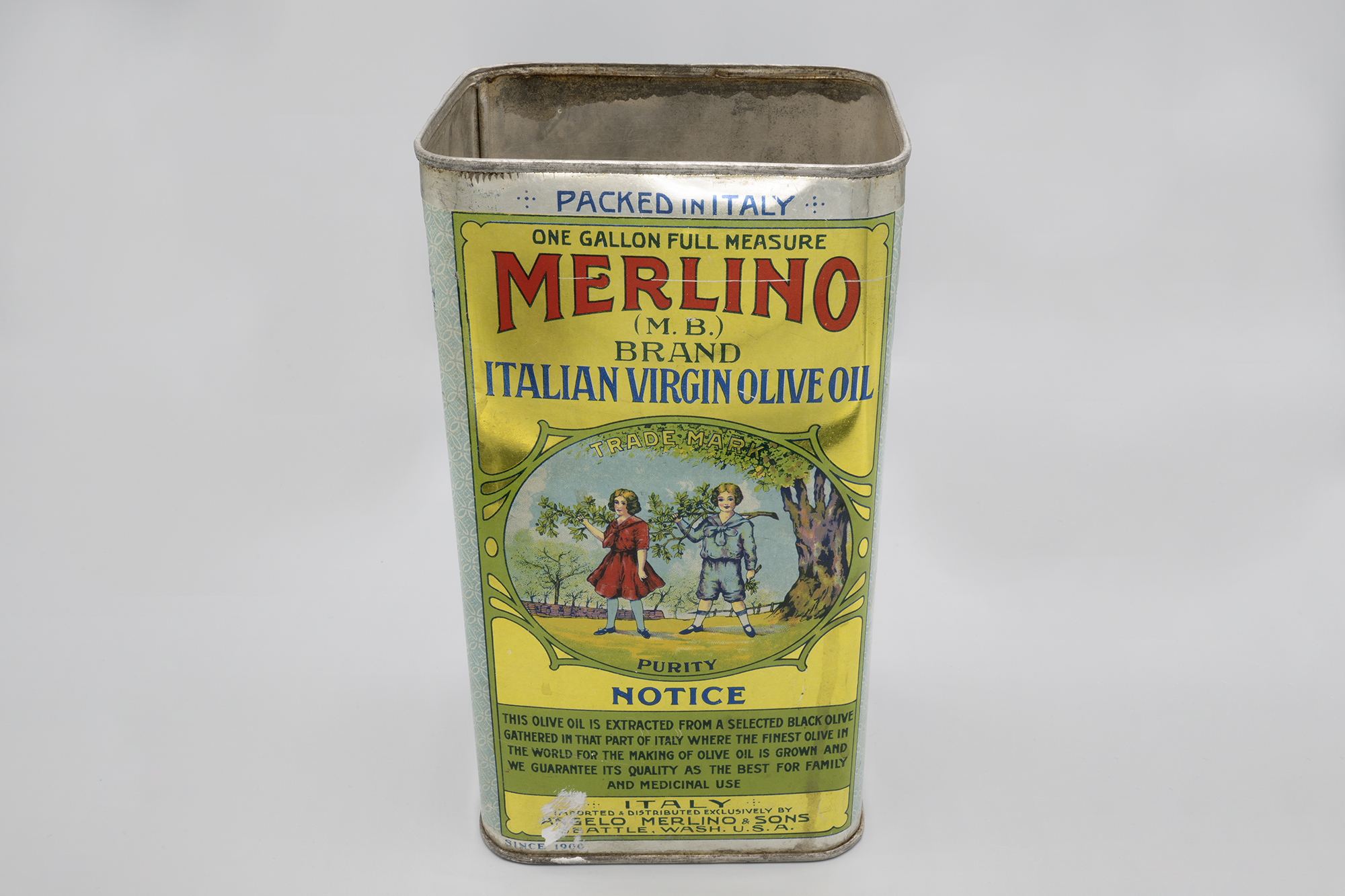 Image of Tin of olive oil from Merlino Olive Oil Company, ca. 1910