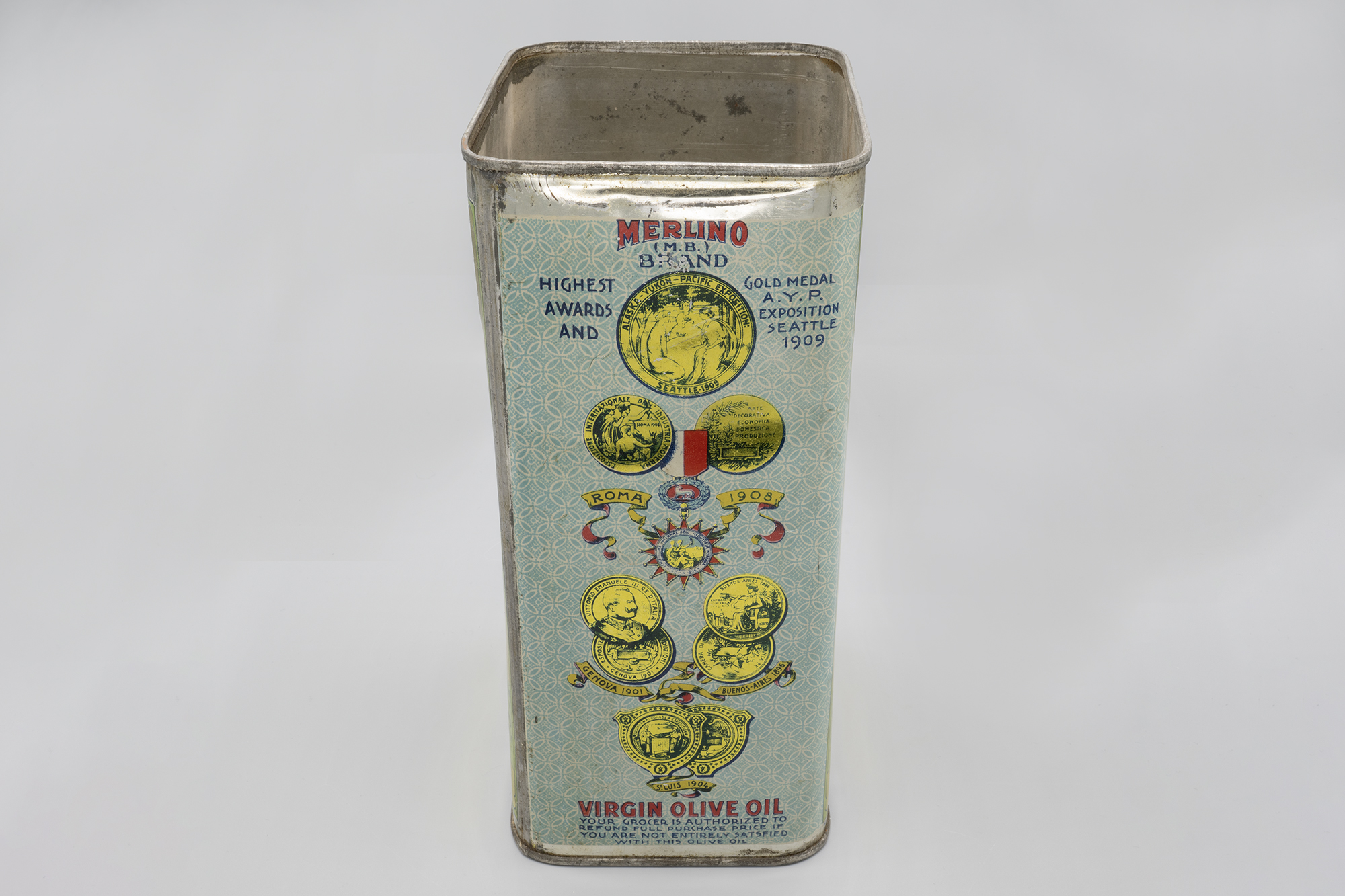 Image of Tin of olive oil from Merlino Olive Oil Company, ca. 1910