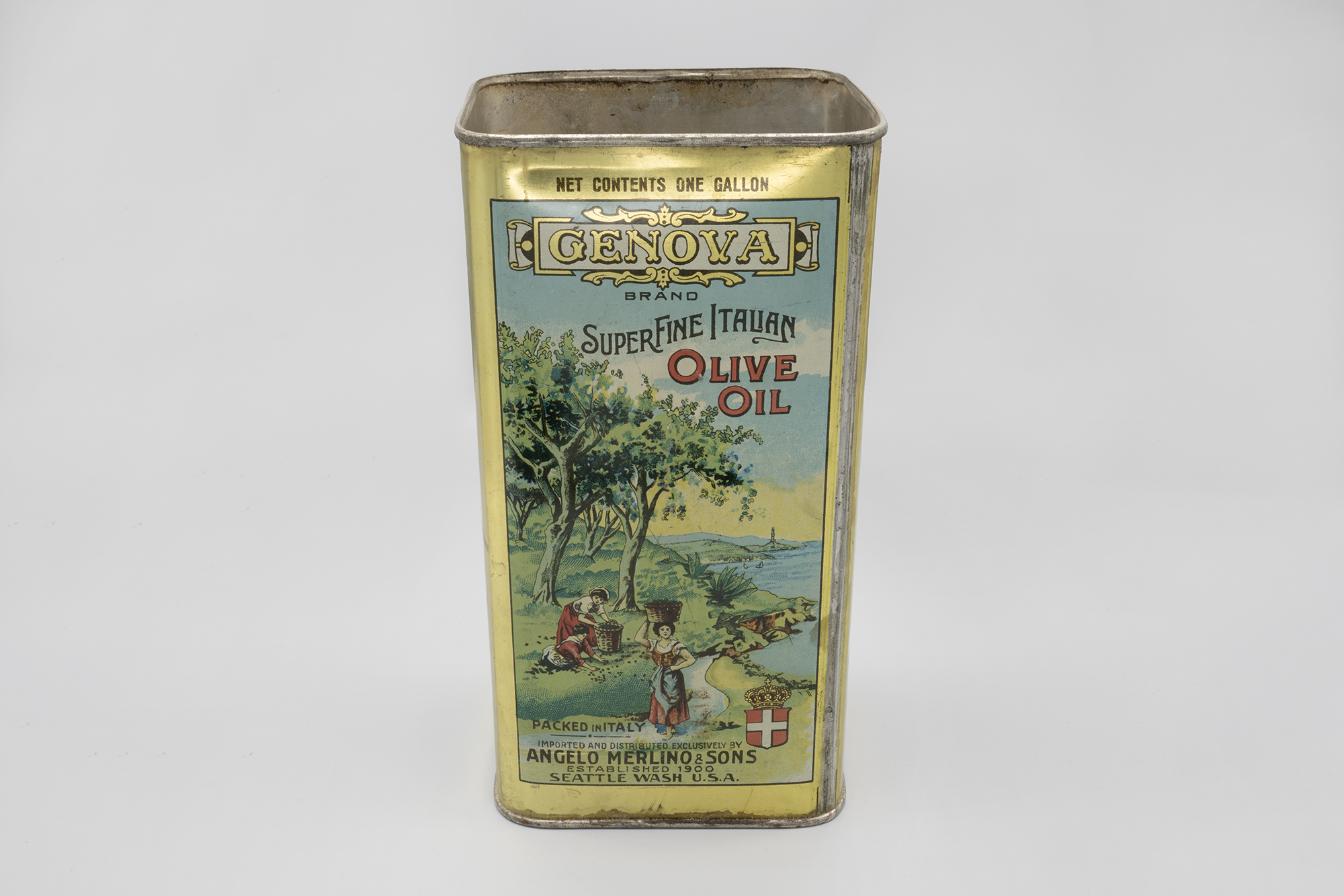 Image of Tin of Genova brand olive oil, ca. 1930