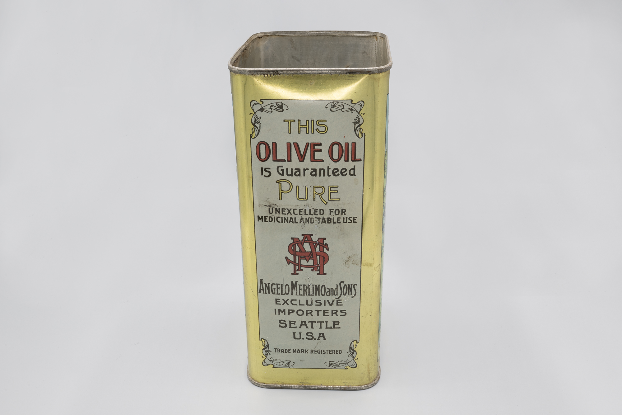 Image of Tin of Genova brand olive oil, ca. 1930