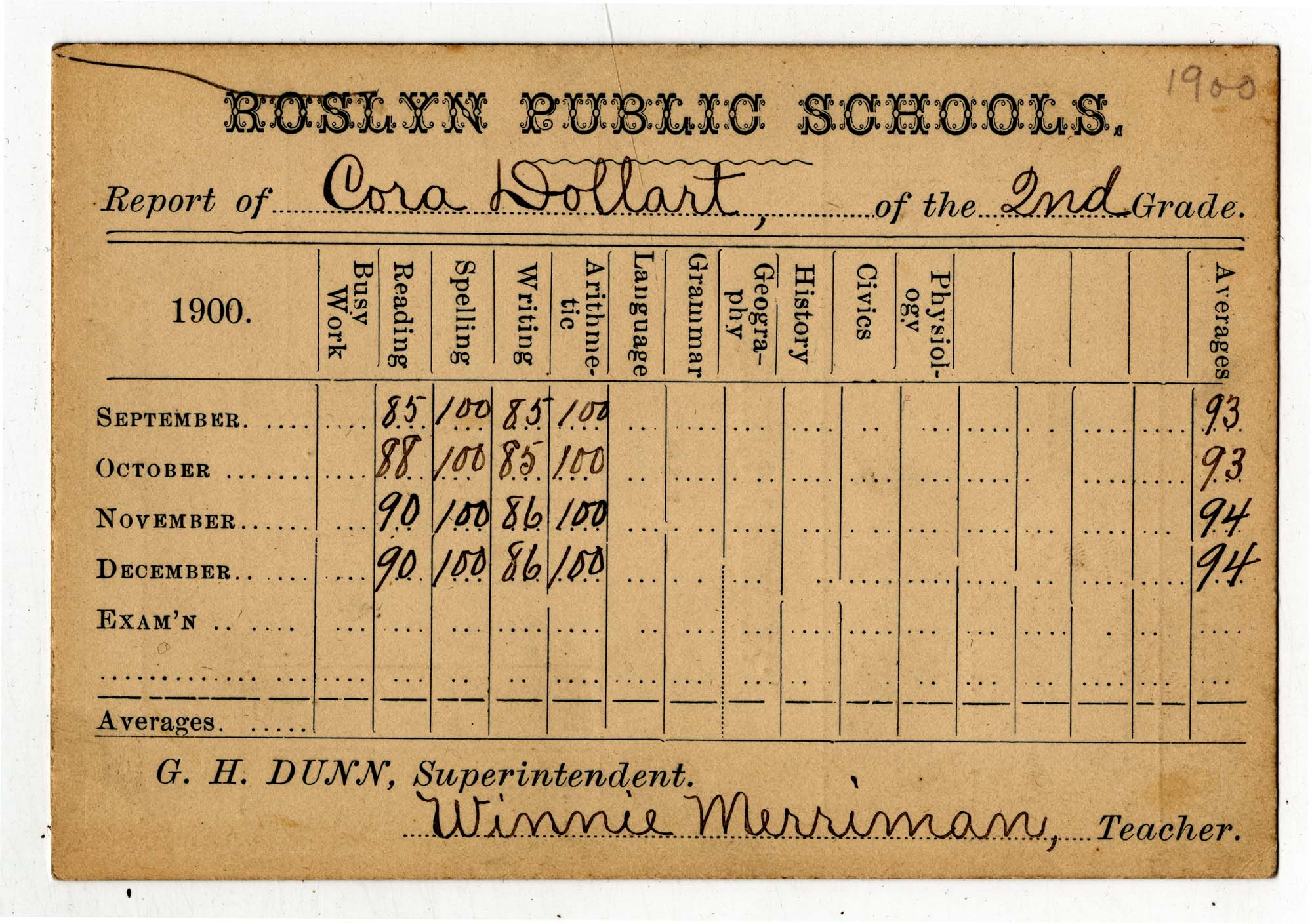 Image of Cora Dollart's report card, Roslyn, Washington, 1900