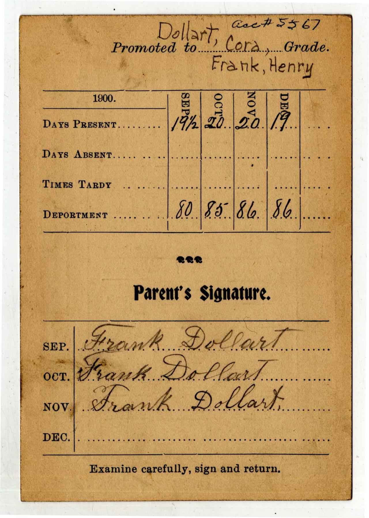 Image of Cora Dollart's report card, Roslyn, Washington, 1900