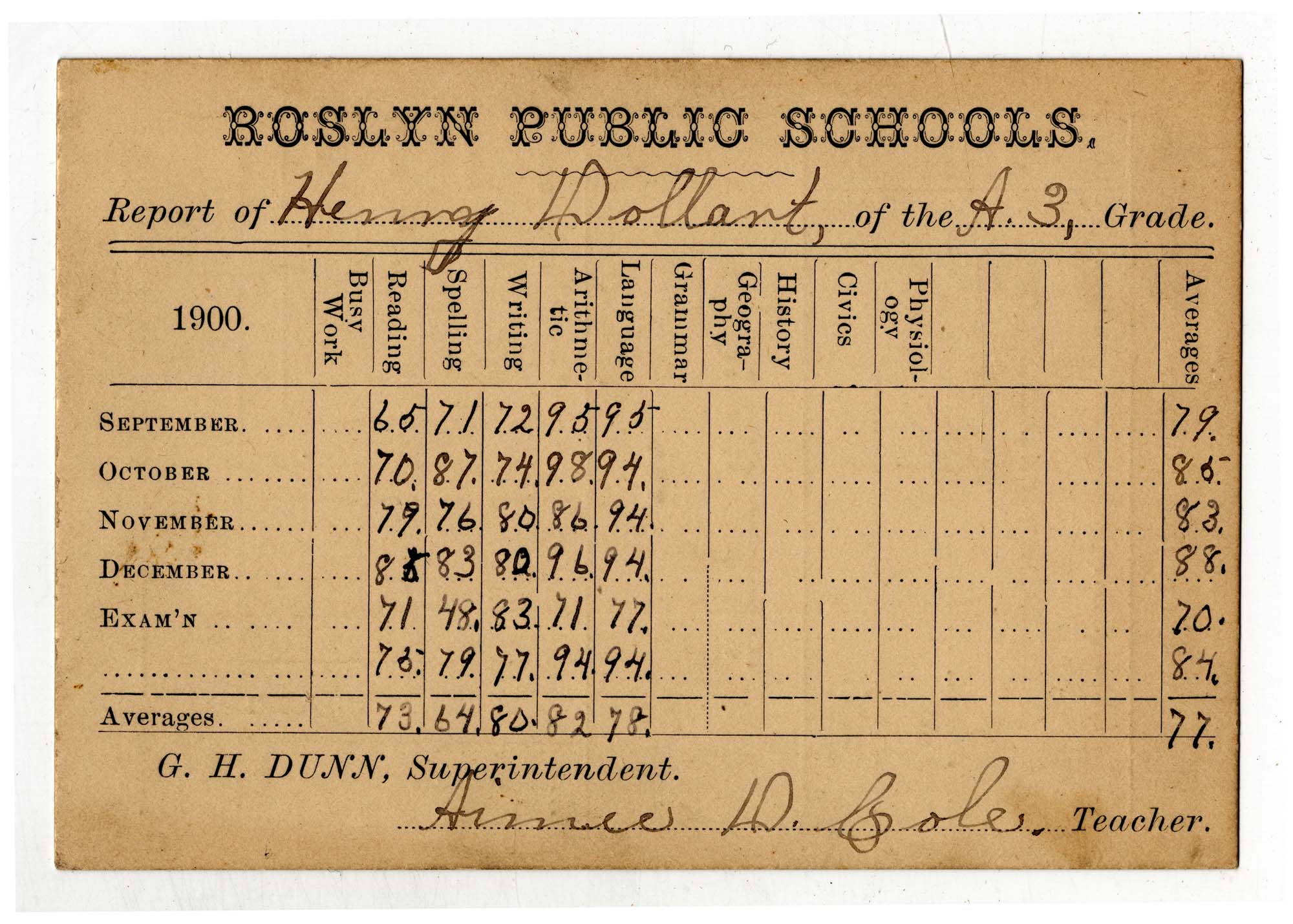 Image of Henry Dollart's report card, Roslyn, Washington, 1900