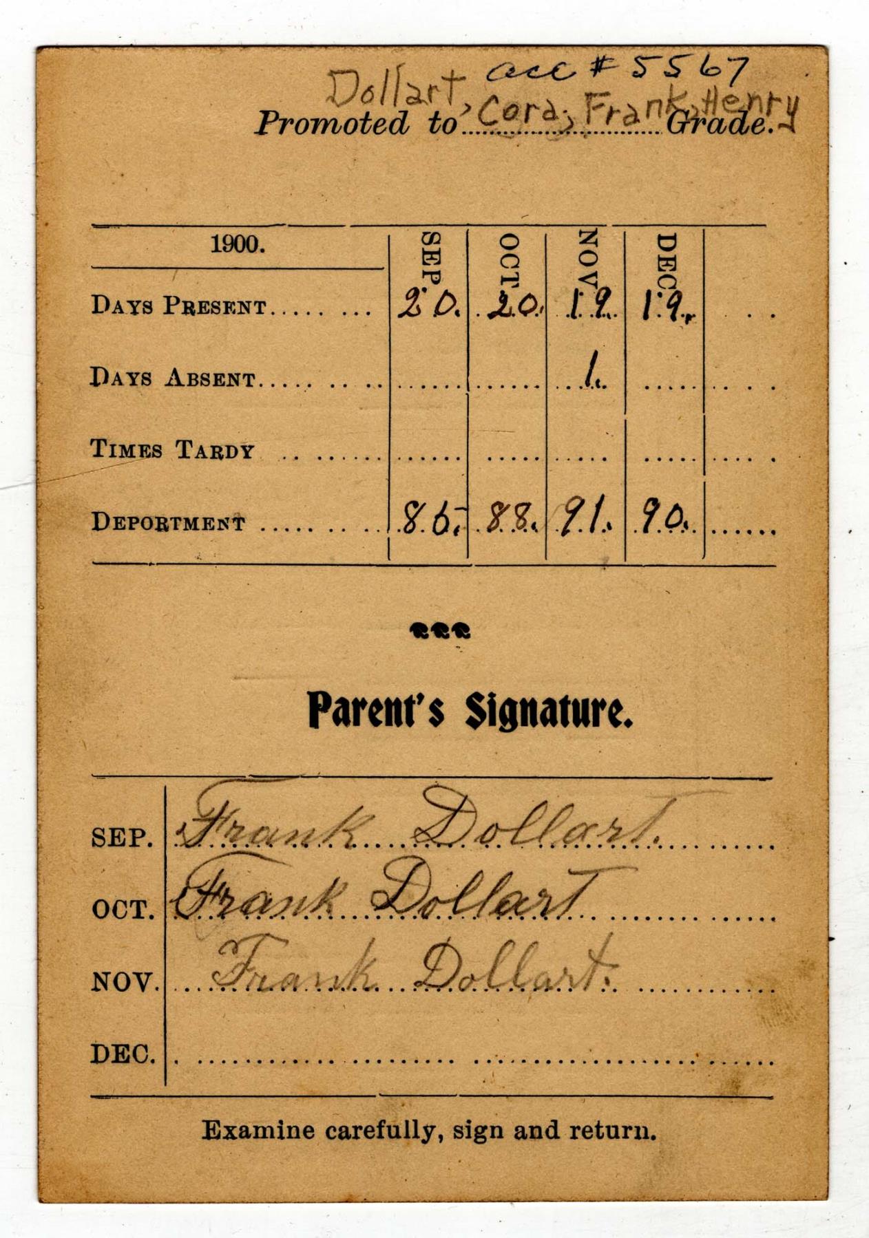 Image of Henry Dollart's report card, Roslyn, Washington, 1900