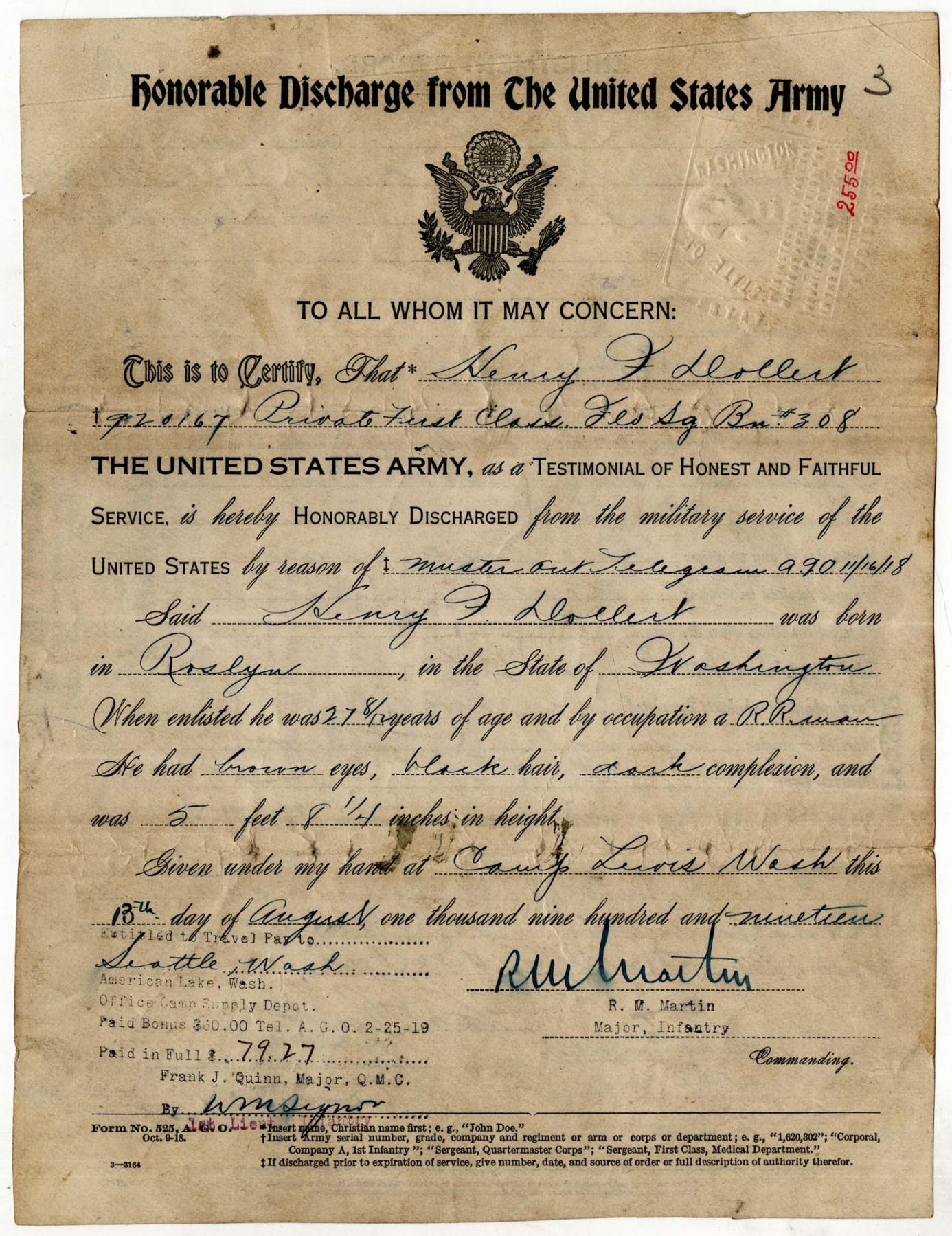 Image of Henry Dollart's Discharge Papers from the U.S. Army, Seattle, Washington, August 13, 1919
