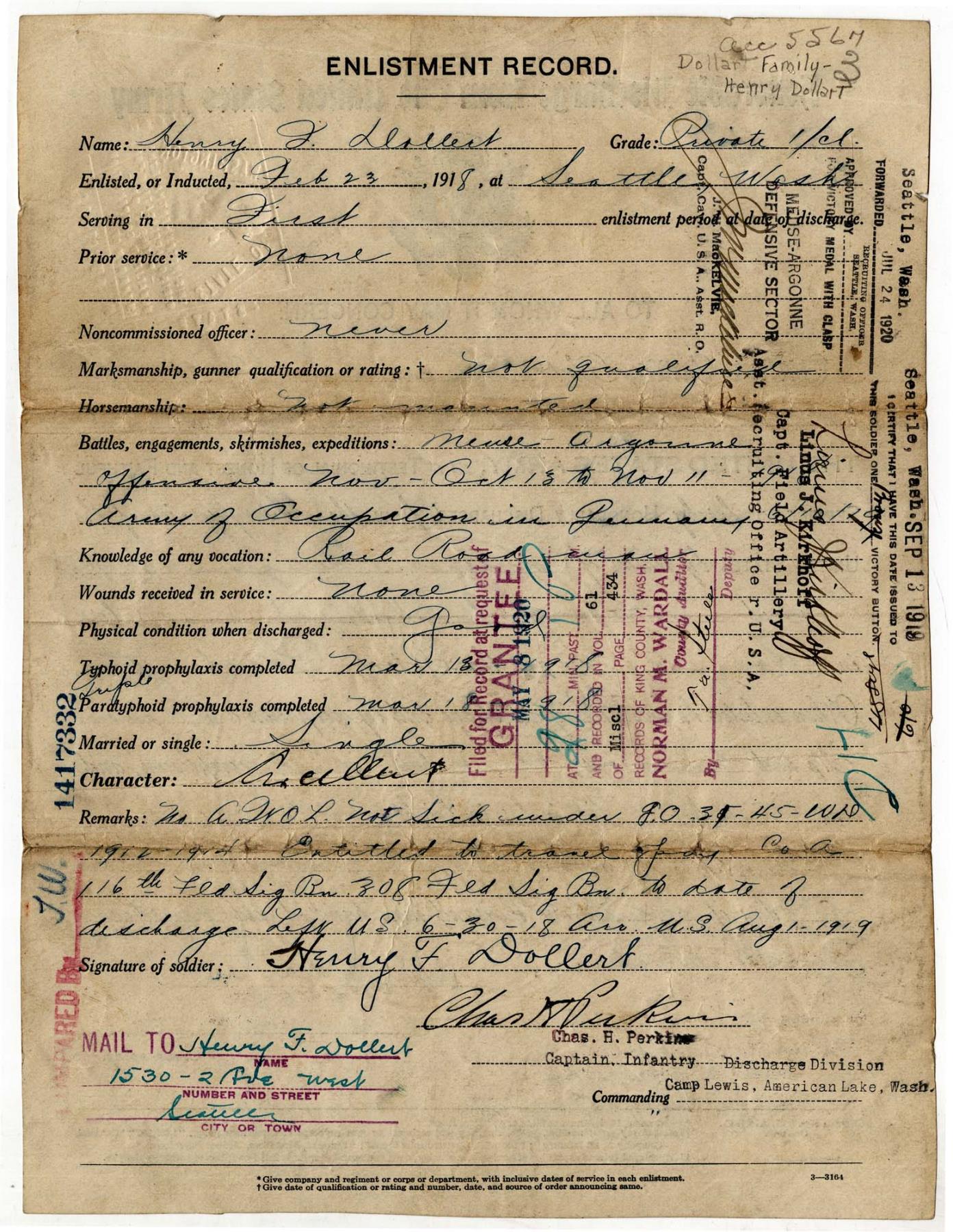 Image of Henry Dollart's Discharge Papers from the U.S. Army, Seattle, Washington, August 13, 1919