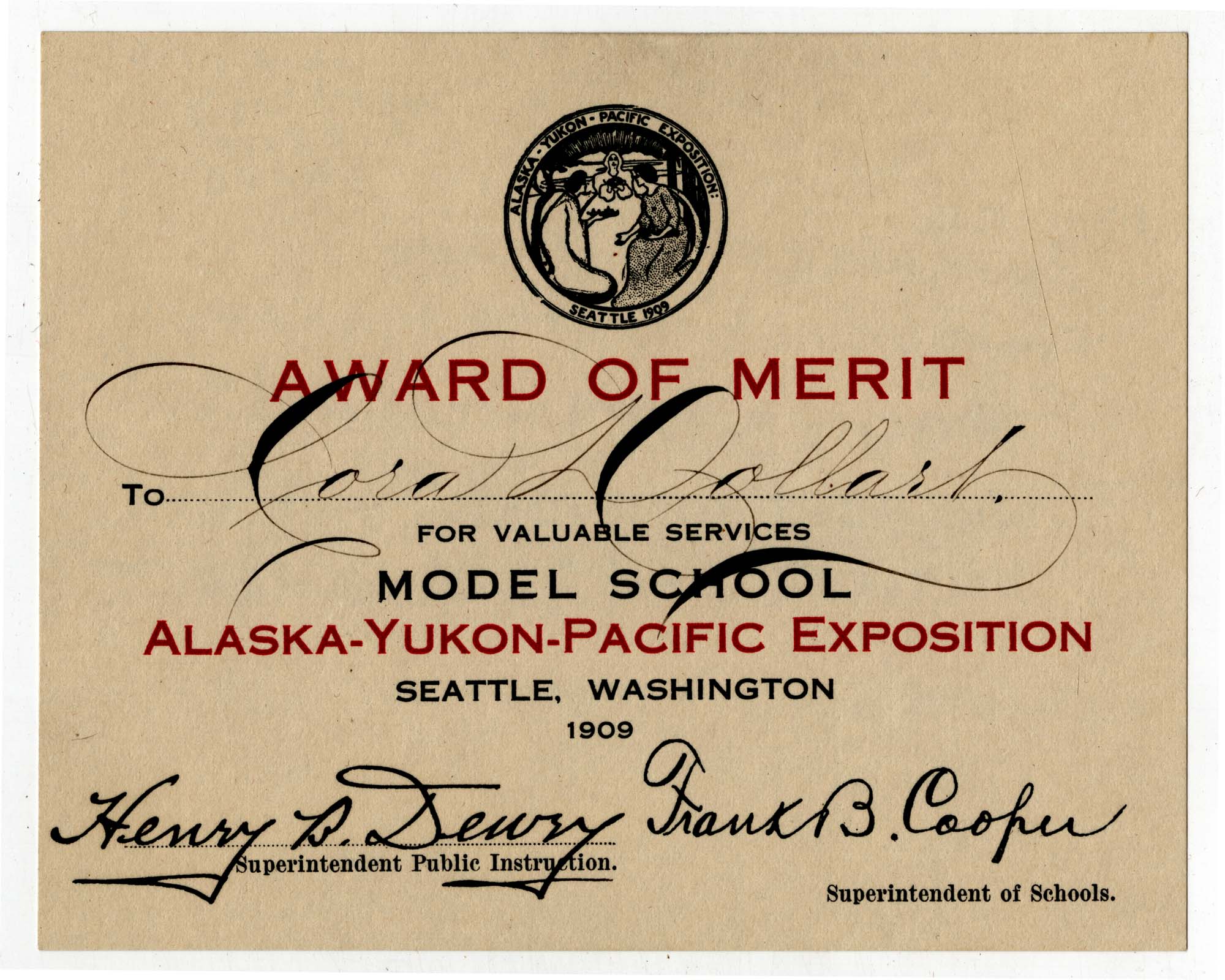 Image of Cora Dollart's Award of Merit from the Alaska-Yukon-Pacific Exposition, Seattle, Washington, 1909