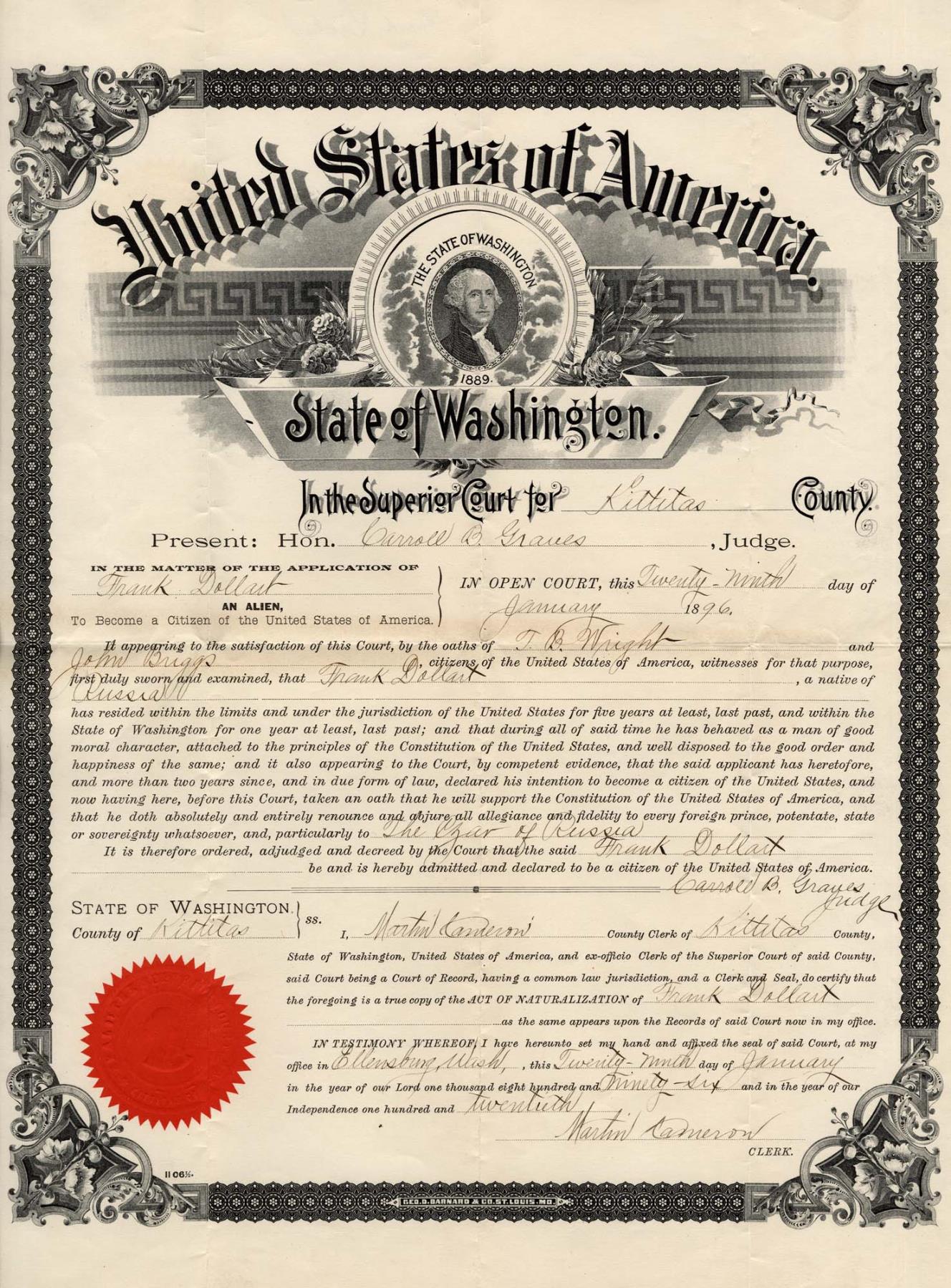 Image of Frank Dollart's citizenship papers, Ellensburg, Washington, January 29, 1896