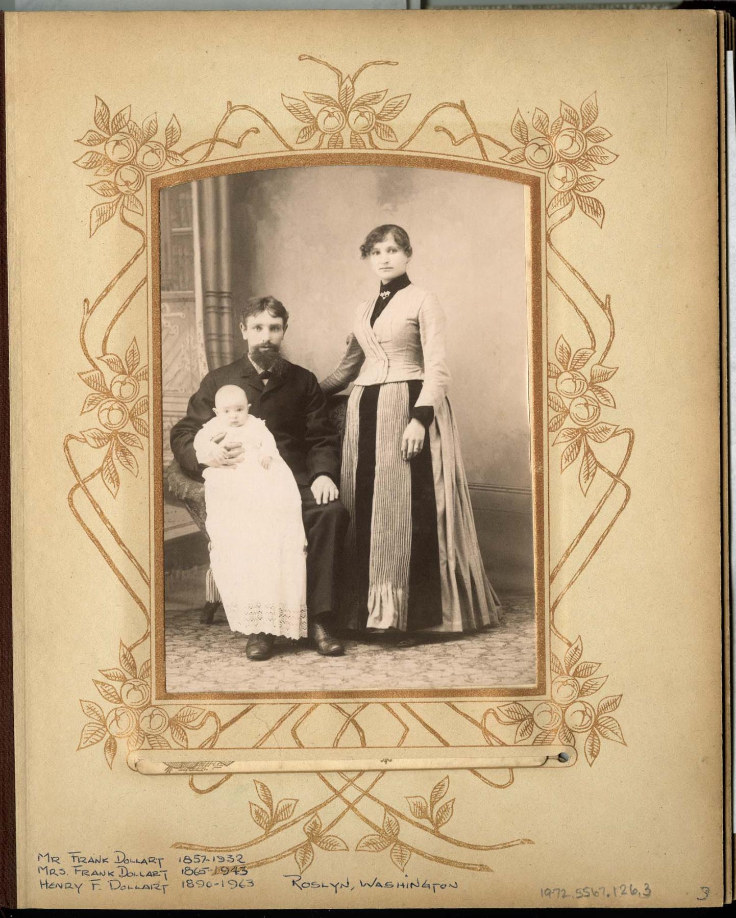 Image of Frank and Johanna Dollart with infant Henry F. Dollart, Roslyn, Washington, 1890