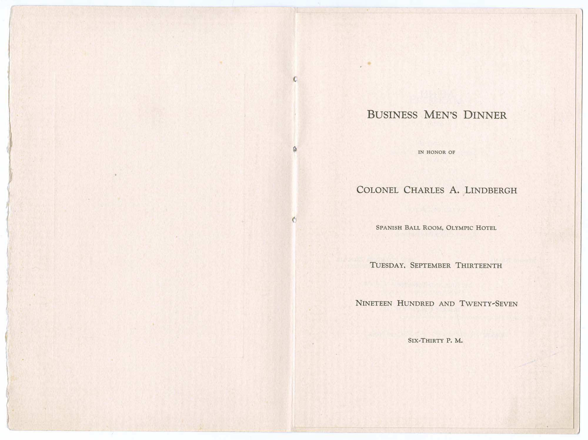 Image of Charles A. Lindbergh reception and dinner menu, September 13, 1927