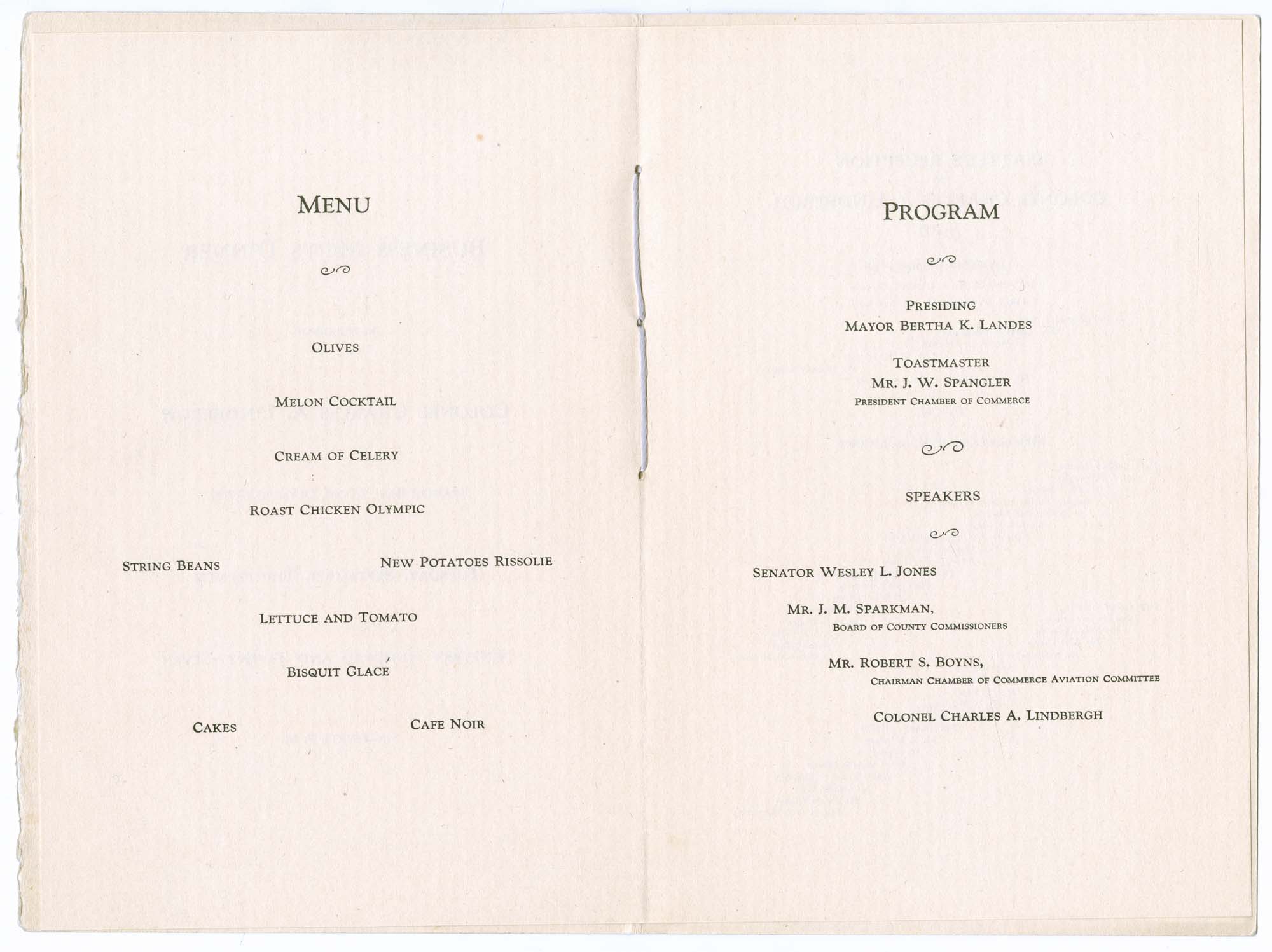 Image of Charles A. Lindbergh reception and dinner menu, September 13, 1927