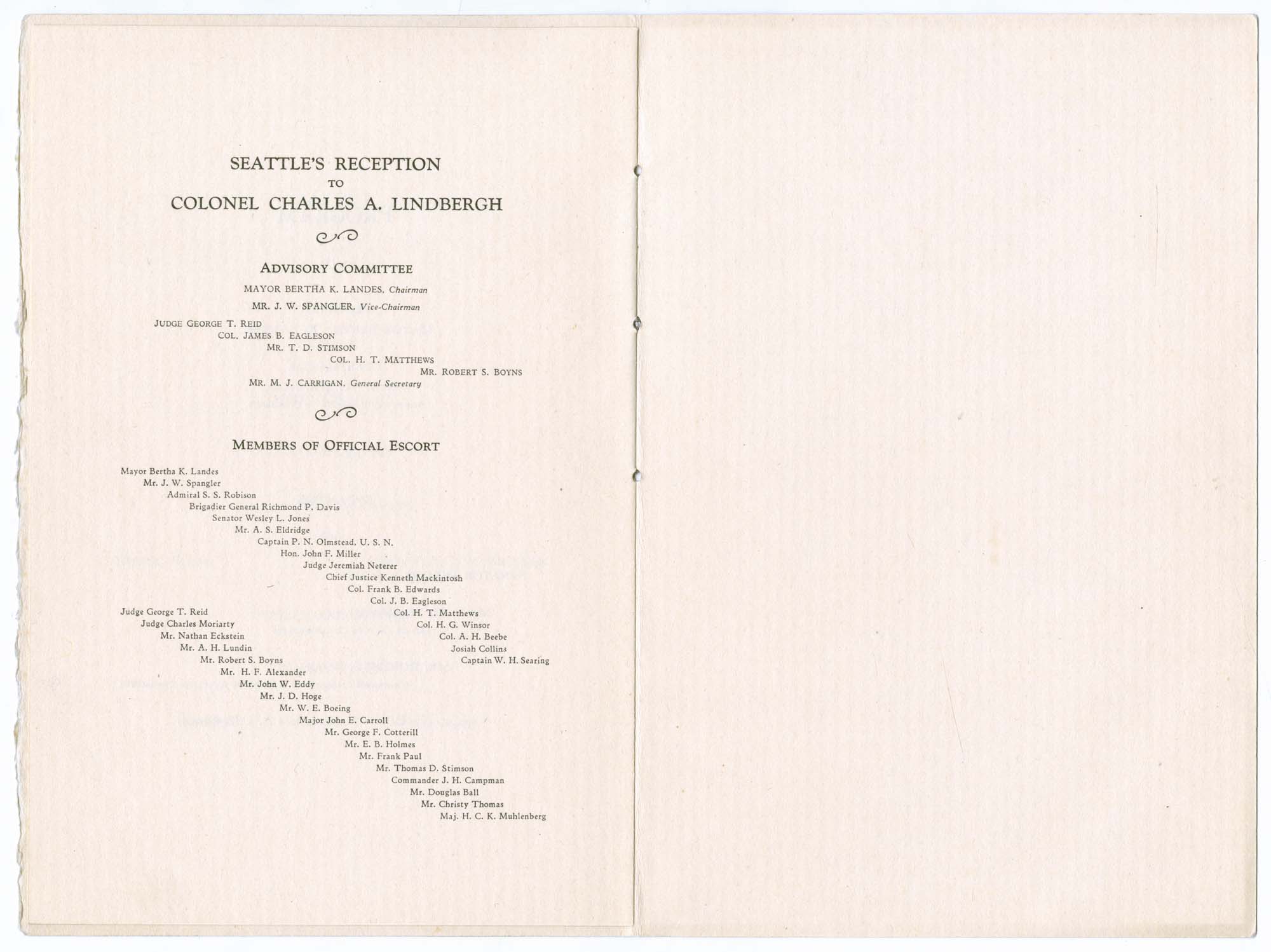 Image of Charles A. Lindbergh reception and dinner menu, September 13, 1927