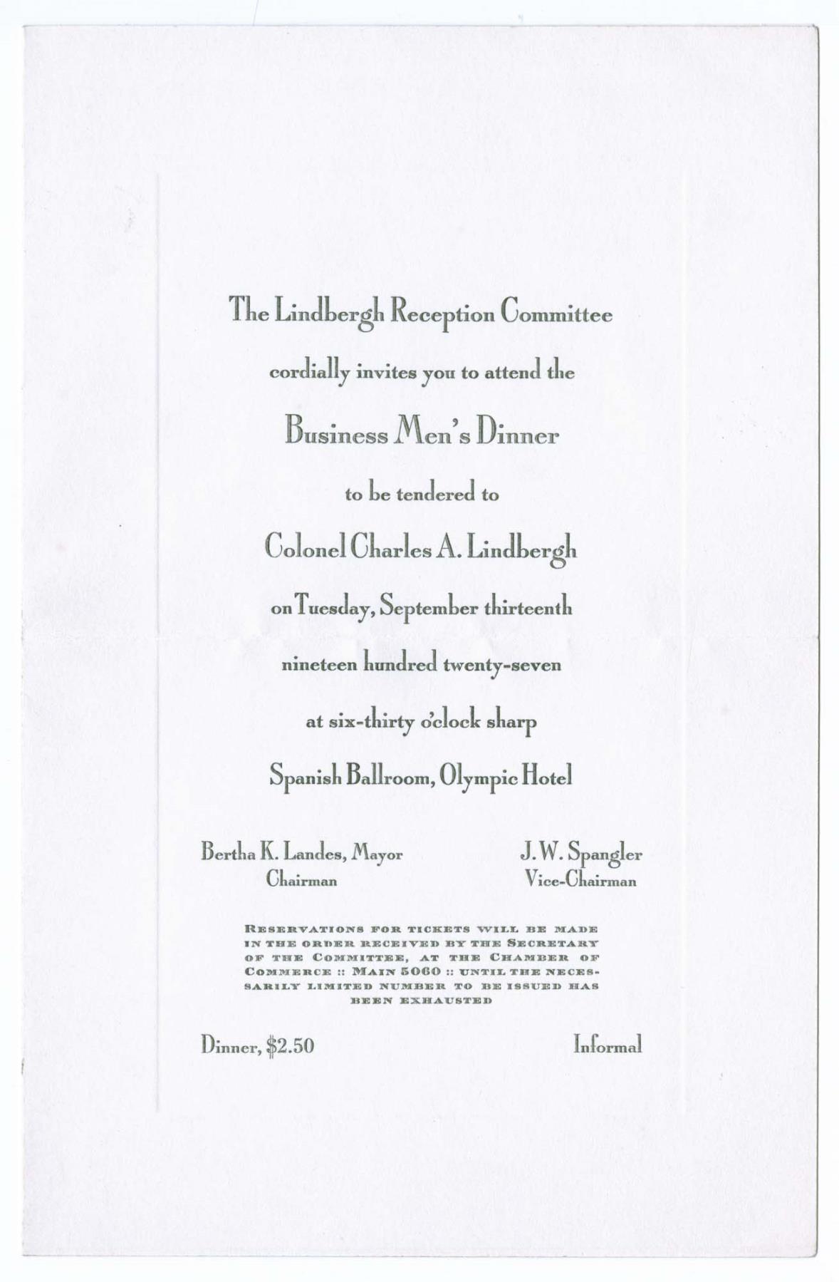 Image of Charles A. Lindbergh reception and dinner menu, September 13, 1927