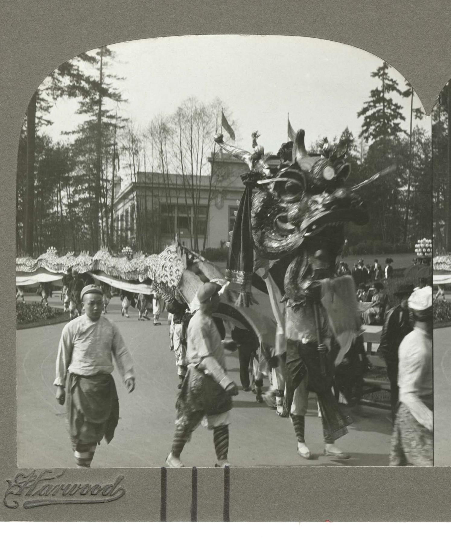 Image of Chinese dragon in parade for China Day, Alaska-Yukon-Pacific Exposition, Seattle, 1909