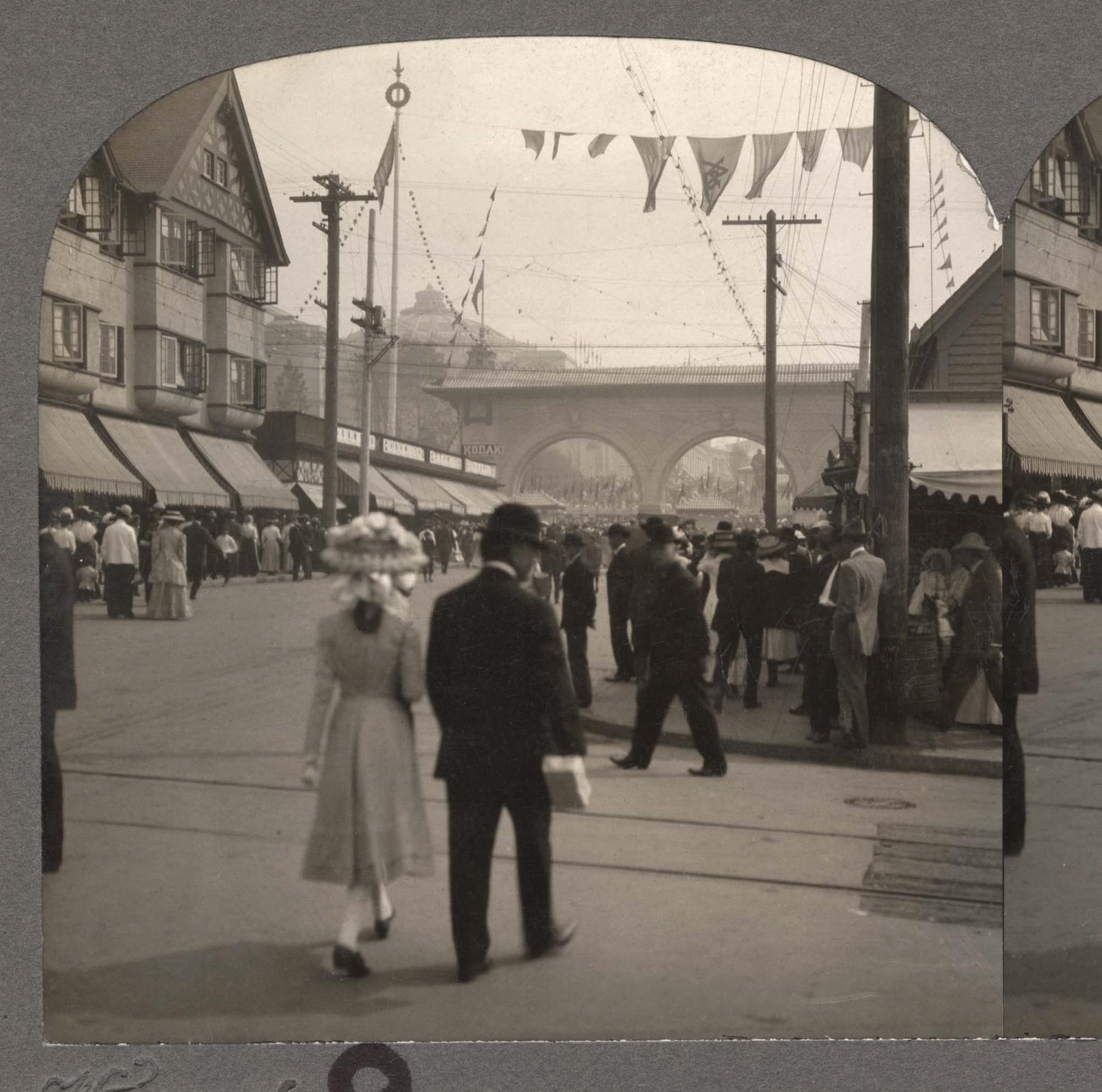 Image of Corner of University Way and 40th Street looking east, showing main gate of Alaska-Yukon-Pacific Exposition, Seattle, 1909
