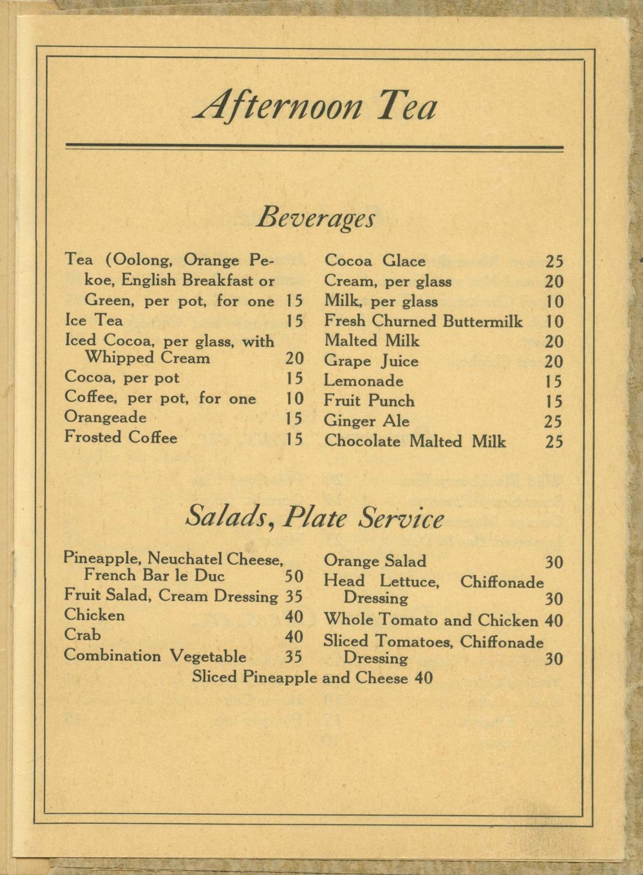 Image of Frederick & Nelson's Tea Room menu for Afternoon Tea, circa 1935