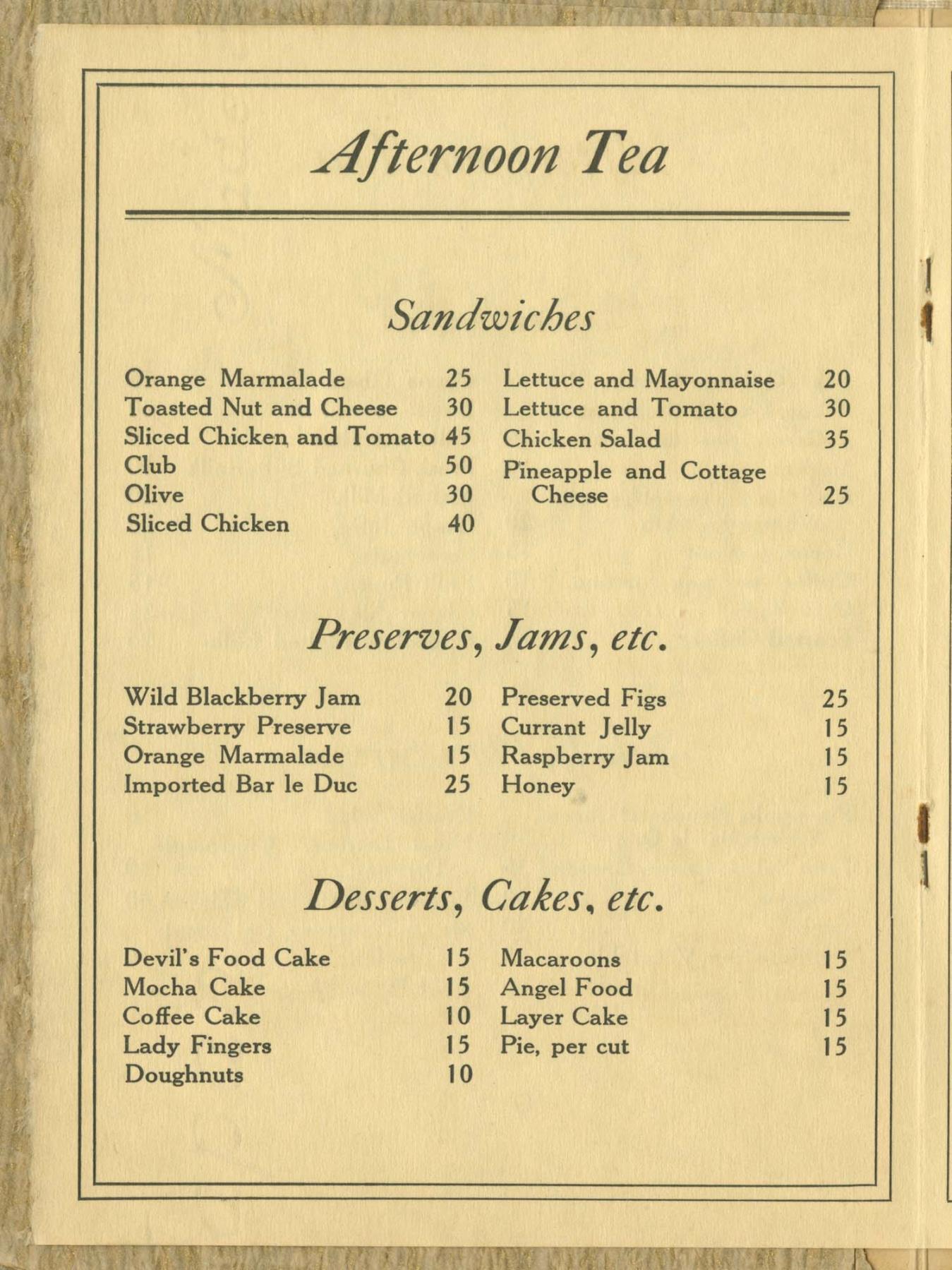 Image of Frederick & Nelson's Tea Room menu for Afternoon Tea, circa 1935