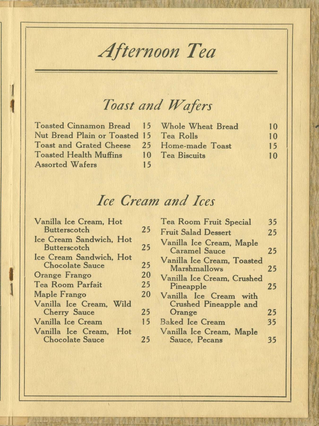 Image of Frederick & Nelson's Tea Room menu for Afternoon Tea, circa 1935