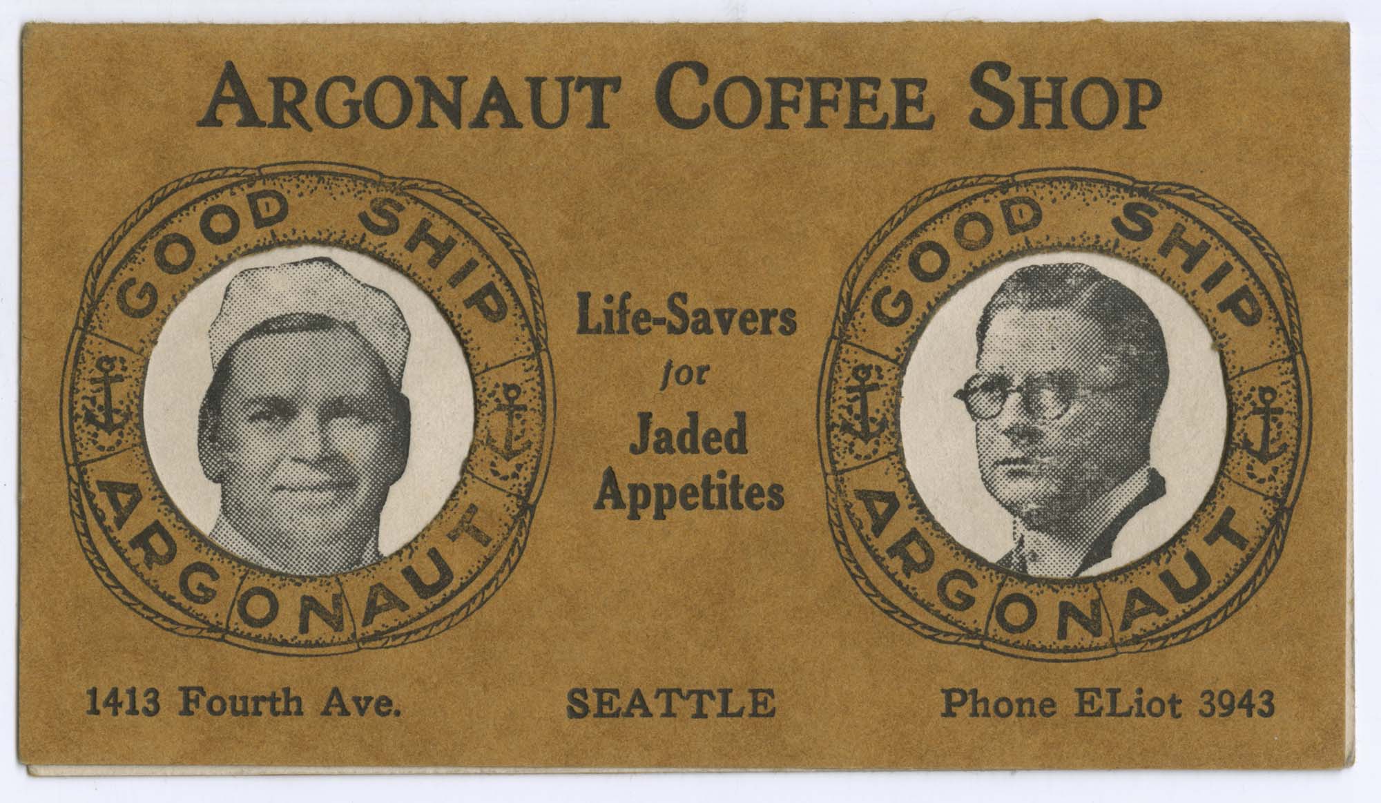 Image of Argonaut Coffee Shop business card, circa 1930