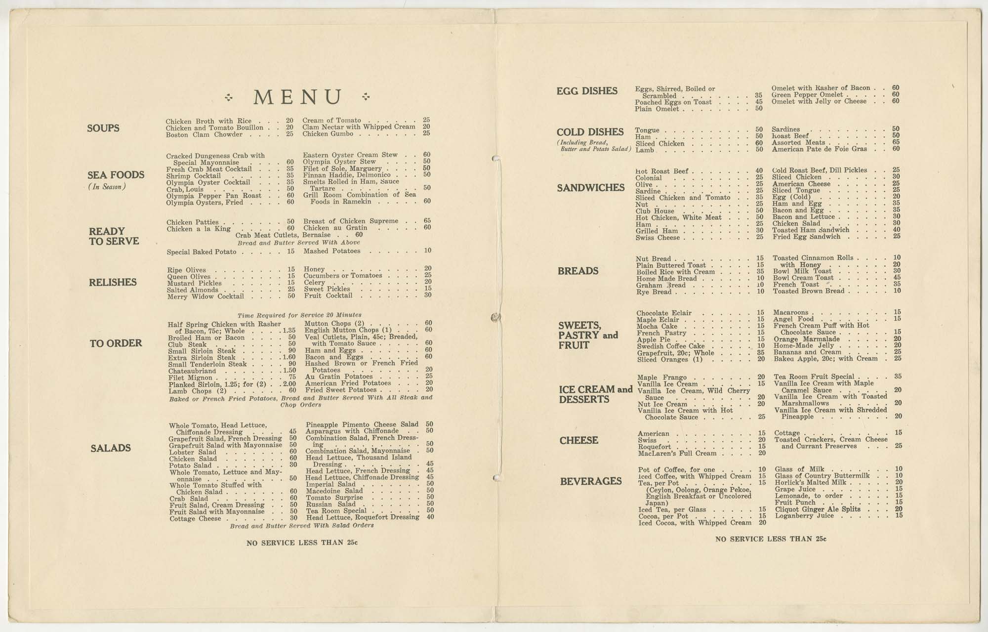 Image of Frederick & Nelson's Tea Room menu, circa 1935