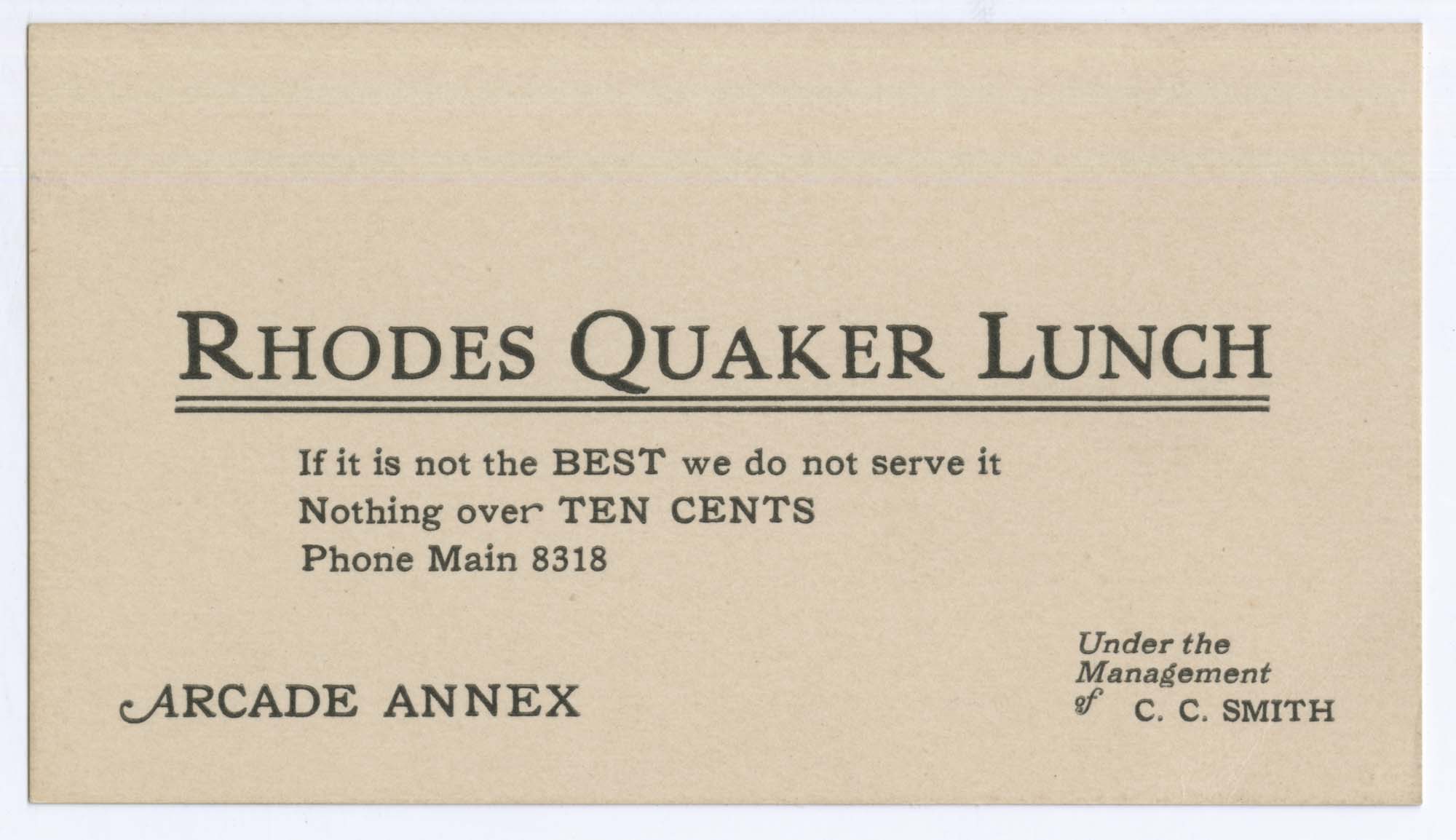 Image of Rhodes Quaker Lunch business card, circa 1925