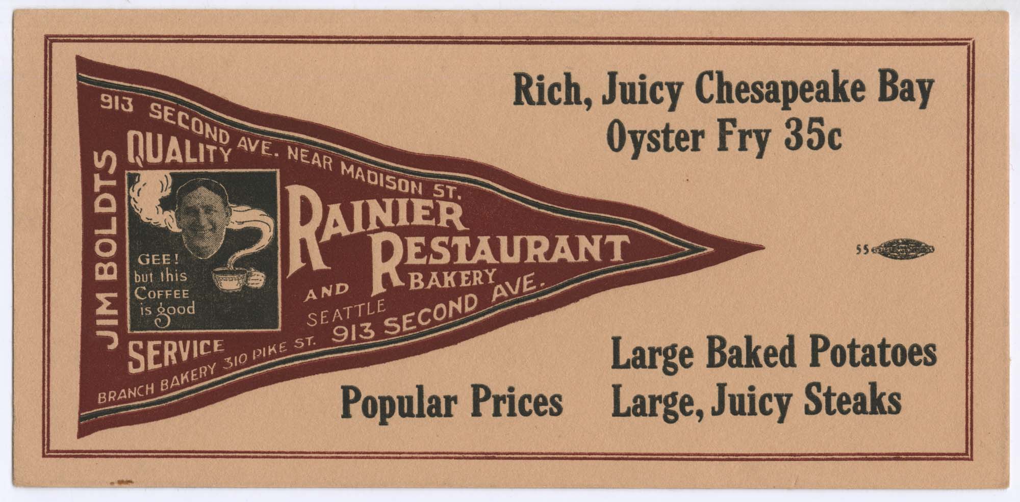 Image of Rainier Restaurant and Bakery advertising card, circa 1920