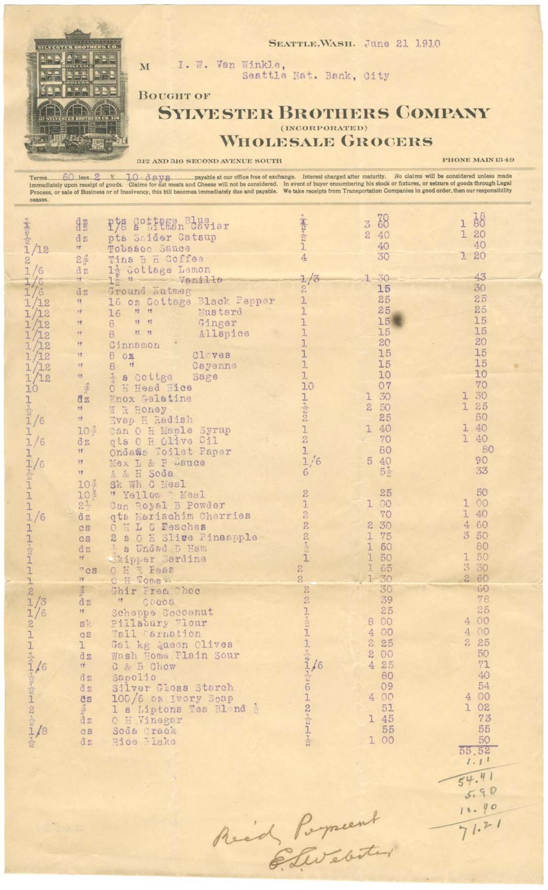 Image of Sylvester Brothers Company invoice, Seattle, June 21, 1910