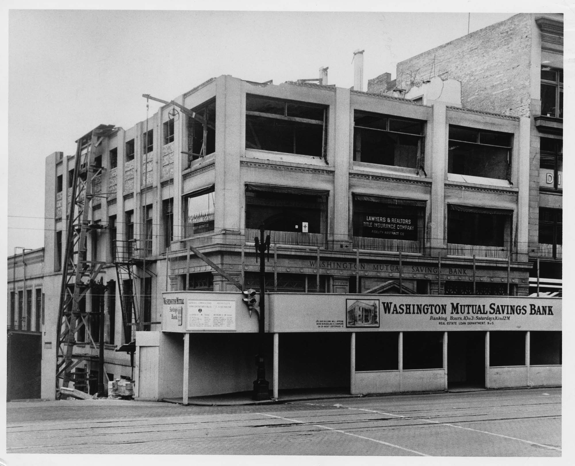 Image of Washington Mutual Savings Bank's main office at 1101 Second Avenue during remodel, 1939