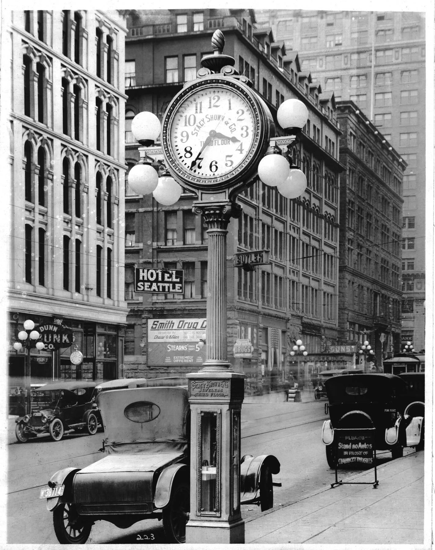 Image of Street clock in front of Stacy Shown & Co. Jewelers, Seattle, circa 1918