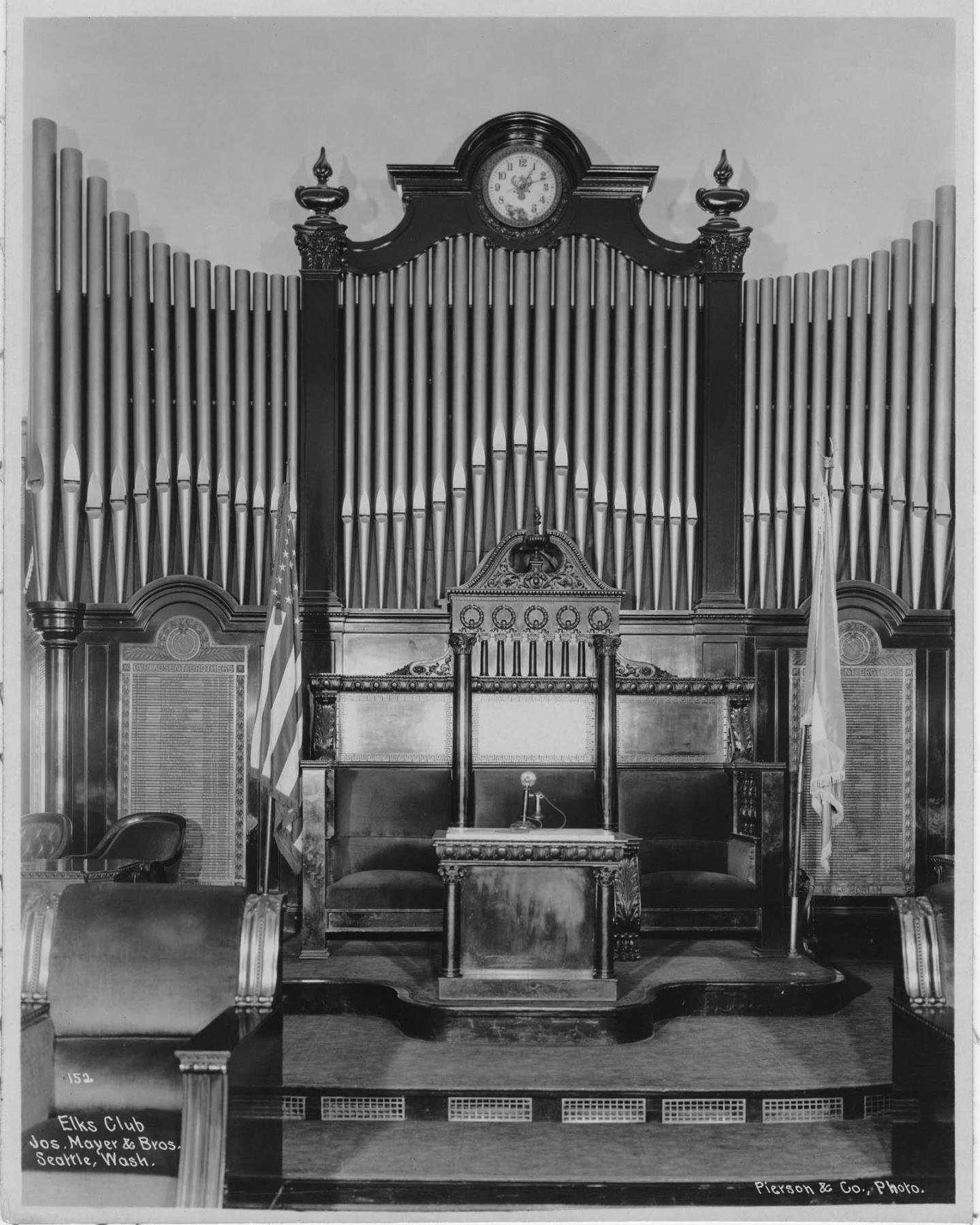 Image of Pipe organ with clock at the Elks Club, Seattle, circa 1914