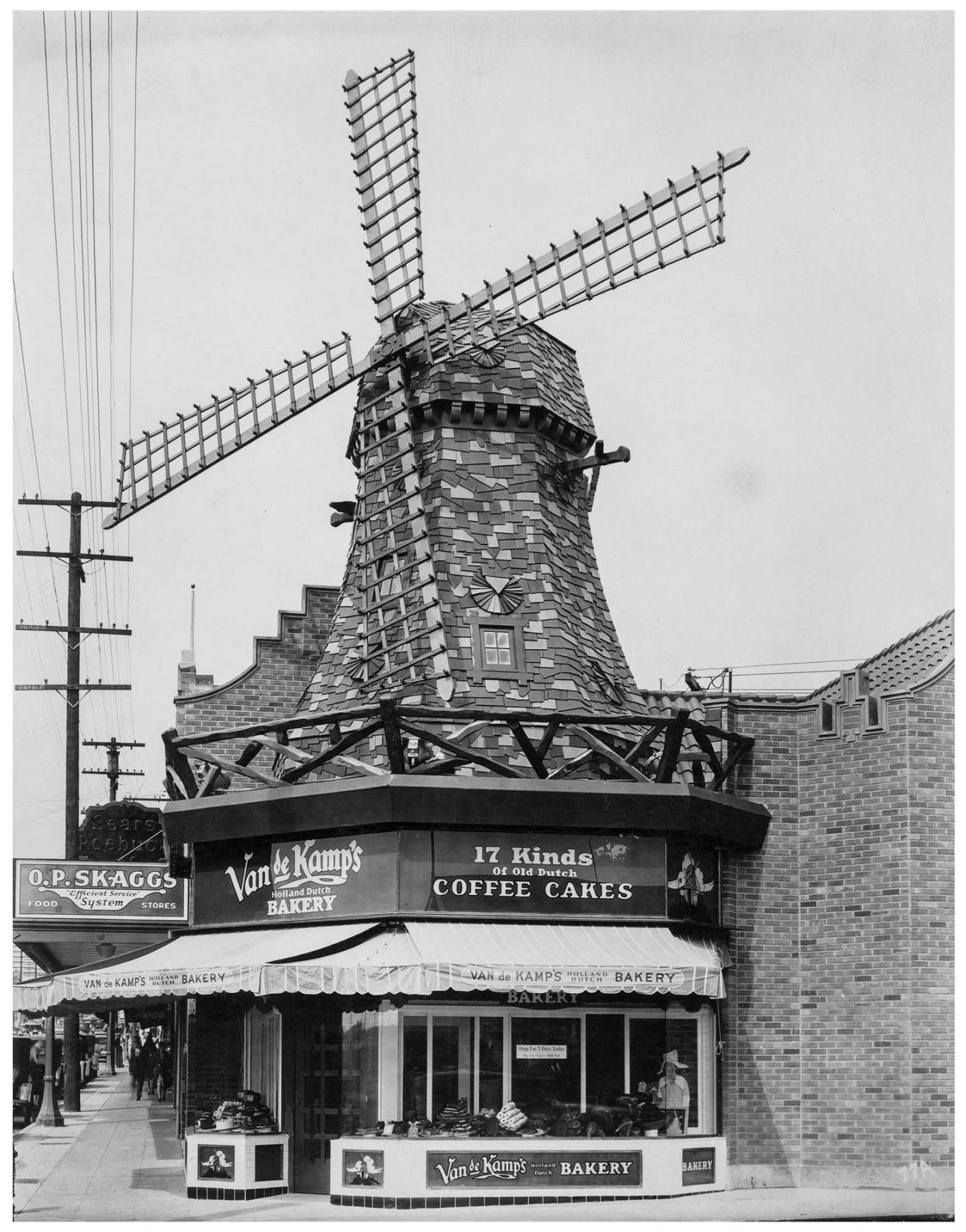 Image of Van de Kamp's Bakery windmill-shaped building on Queen Anne hill, Seattle, circa 1930