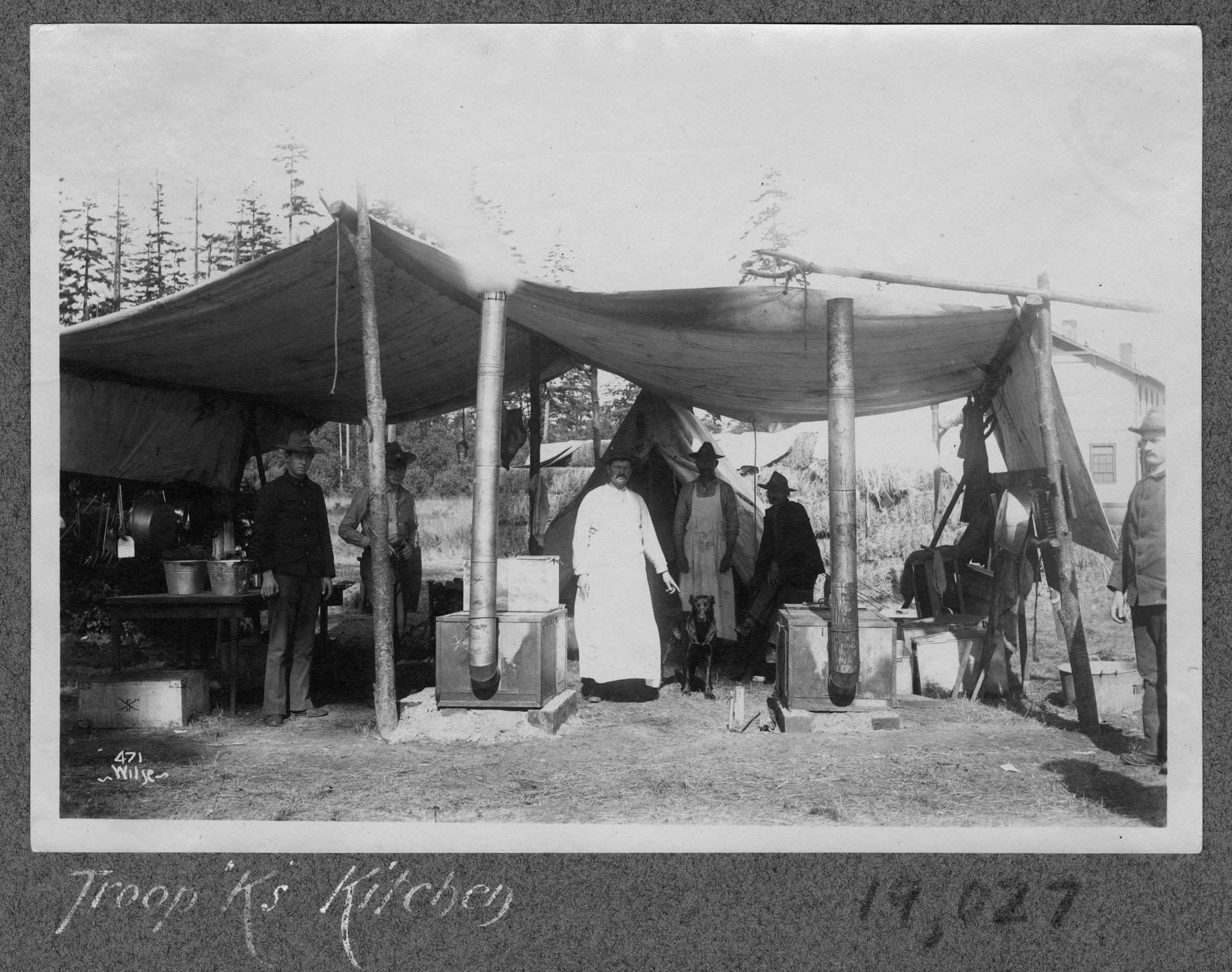 Image of Mess Tent, Stoves, and Cooks of Troop K with the 3rd U.S. Cavalry, Seattle, August 1899