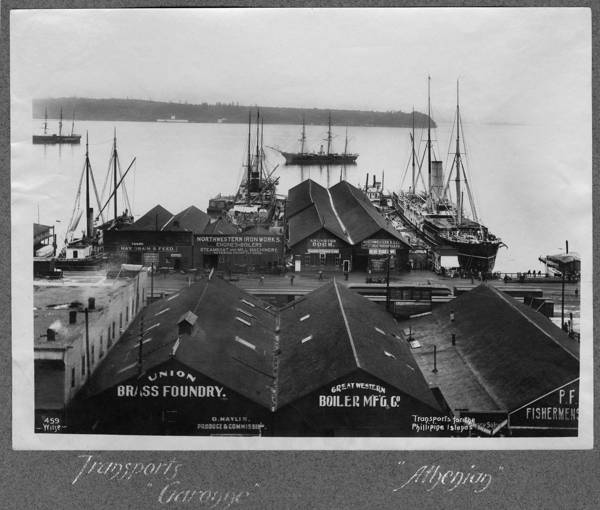 Image of Transports Garonne and Athenian docked in Elliott Bay, Seattle, August 1899