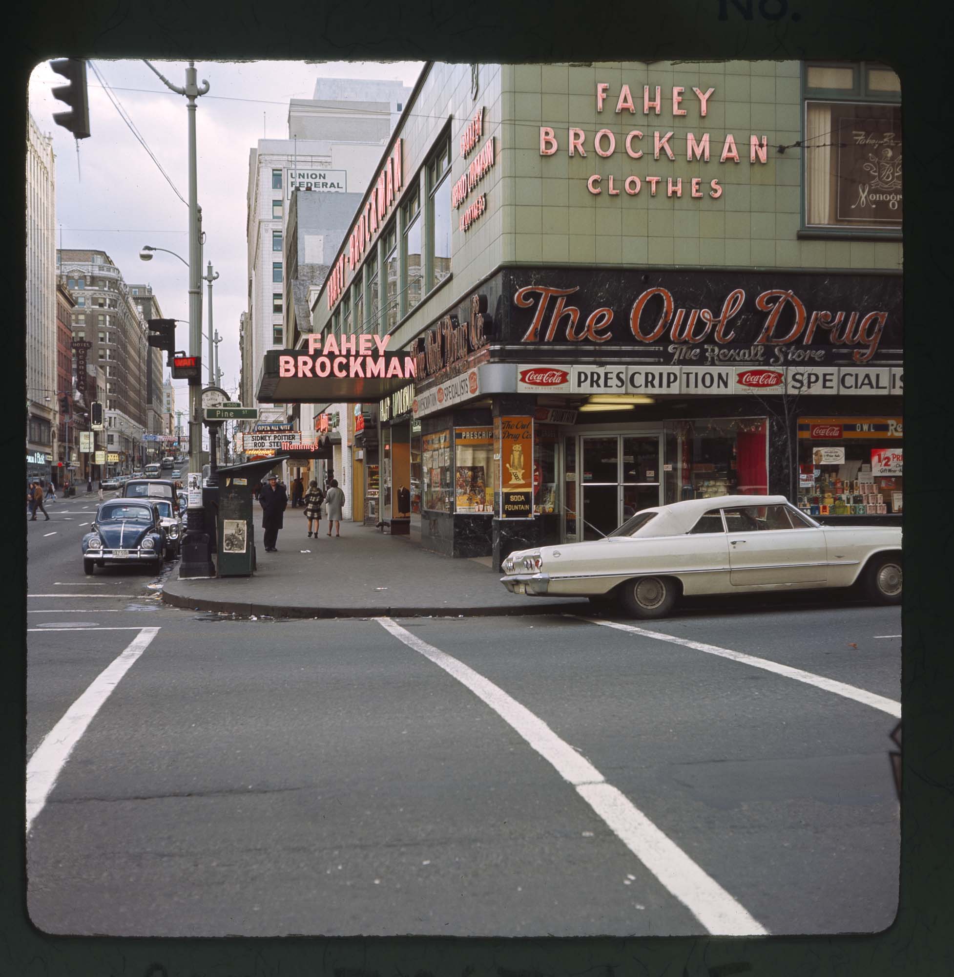 Image of Businesses at corner of Pine Street  and Fourth Avenue, Seattle, 1967