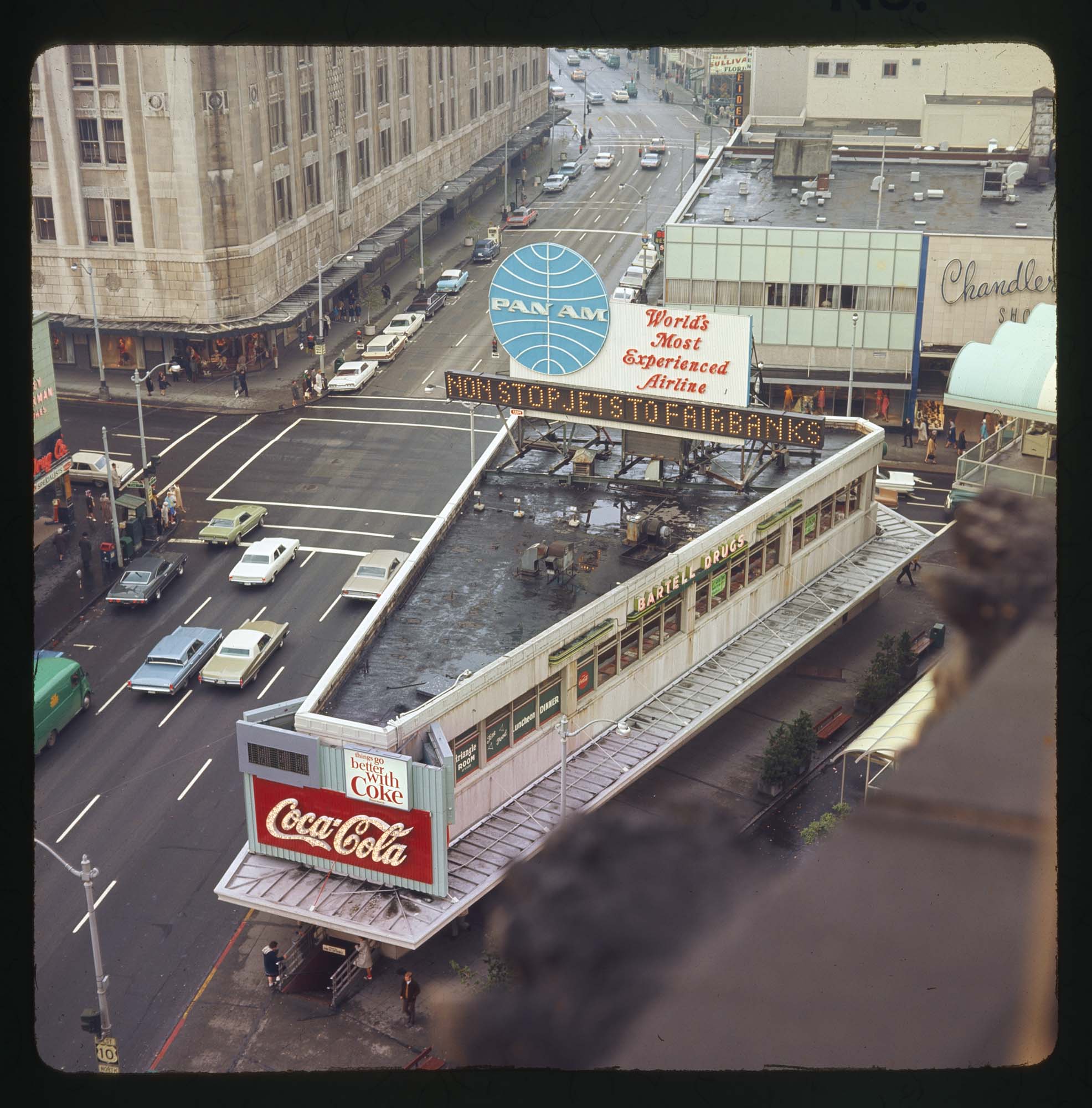 Image of Aerial view of Bartell Drugs building in downtown Seattle, 1967
