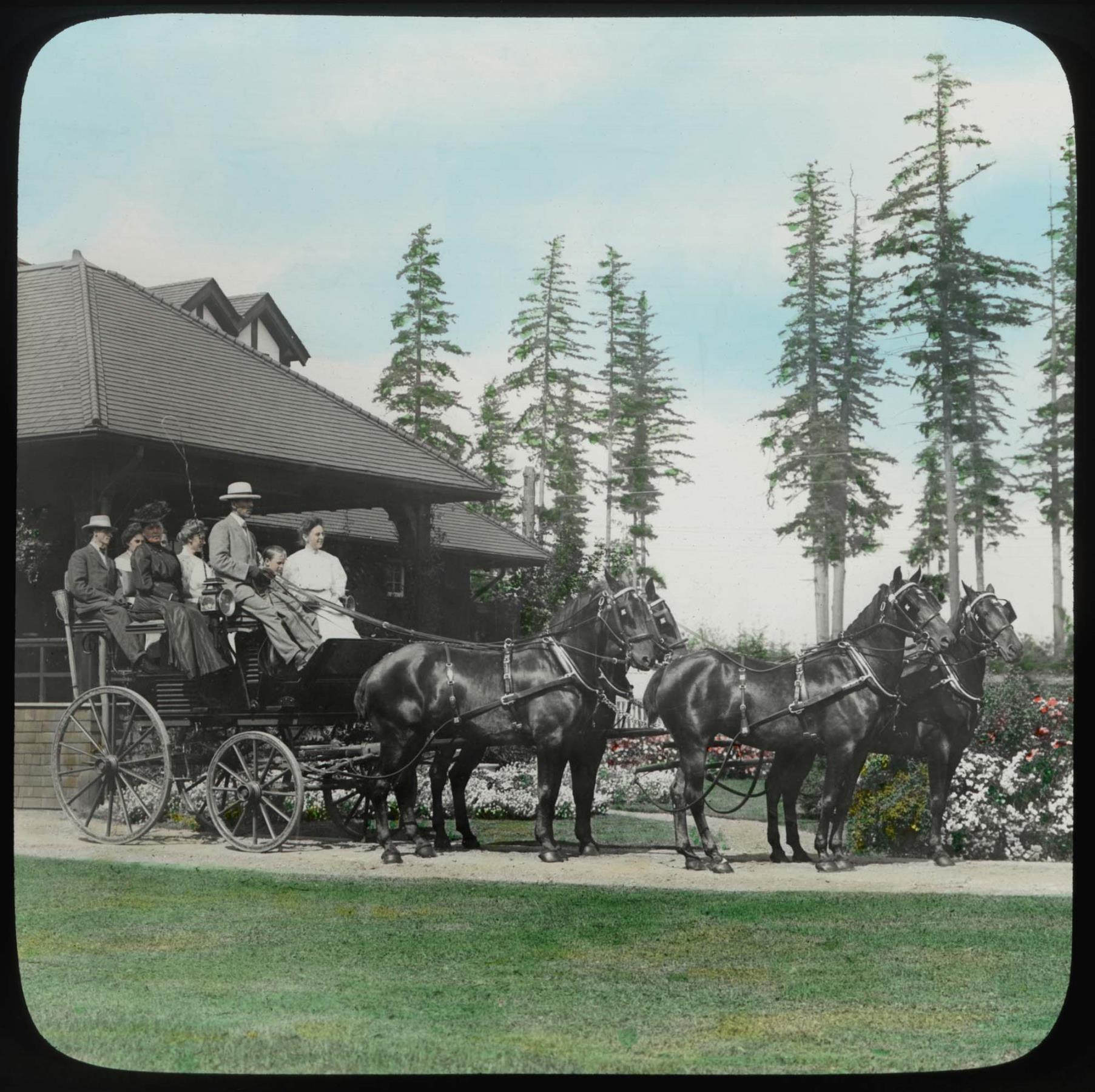 Image of Group riding in carriage at Willowmoor Farm, Redmond, circa 1910