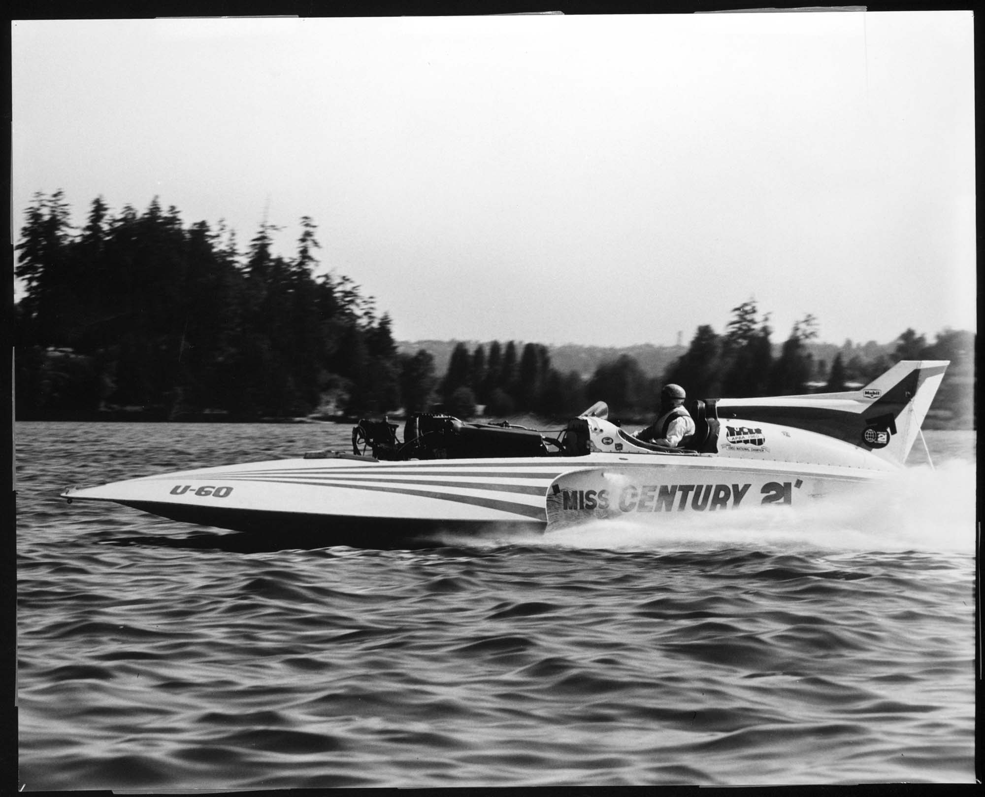 Image of Hydroplane Miss Century 21, probably on Lake Washington, circa 1962