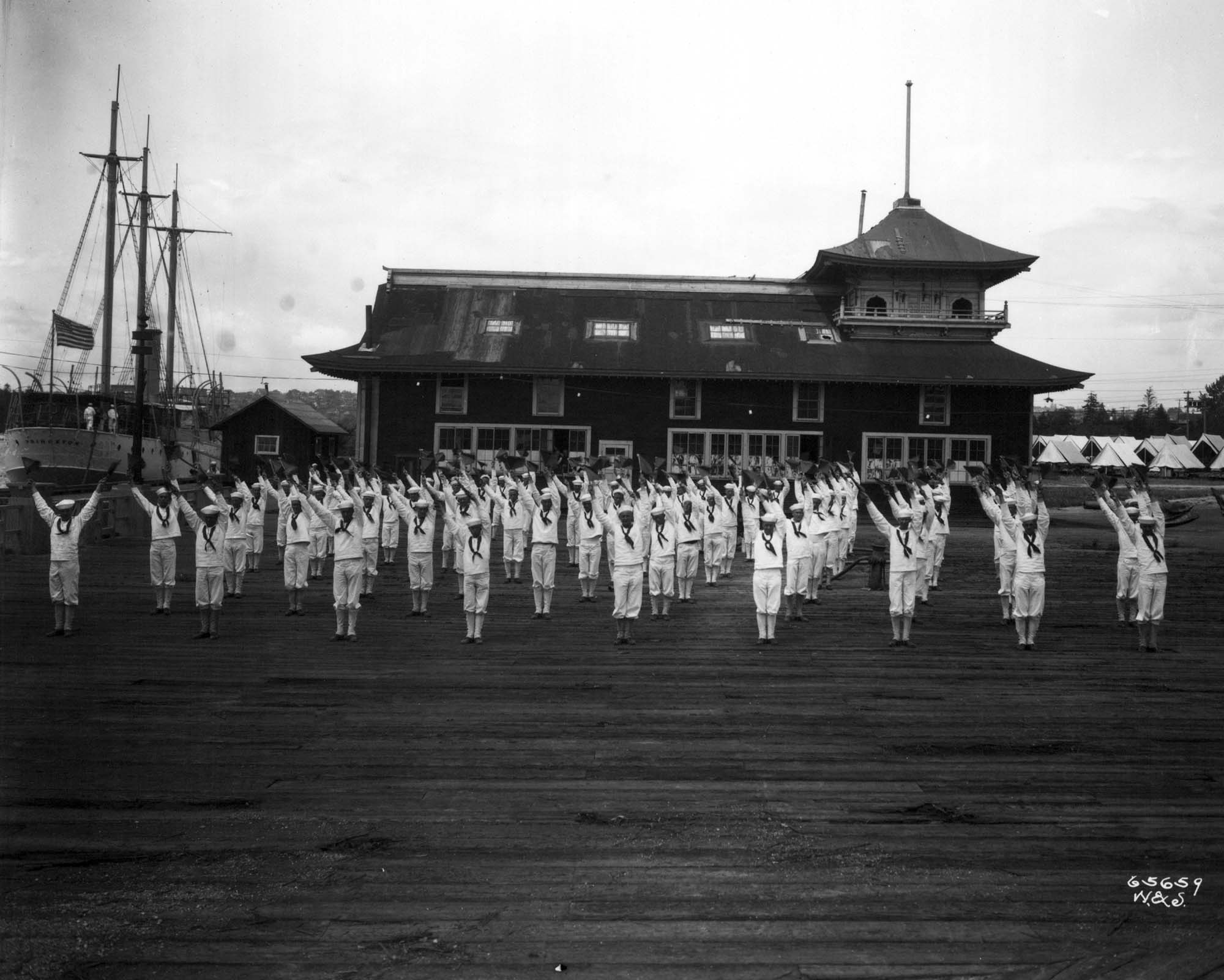 Image of Sailors drilling at naval training camp, Seattle, circa 1918